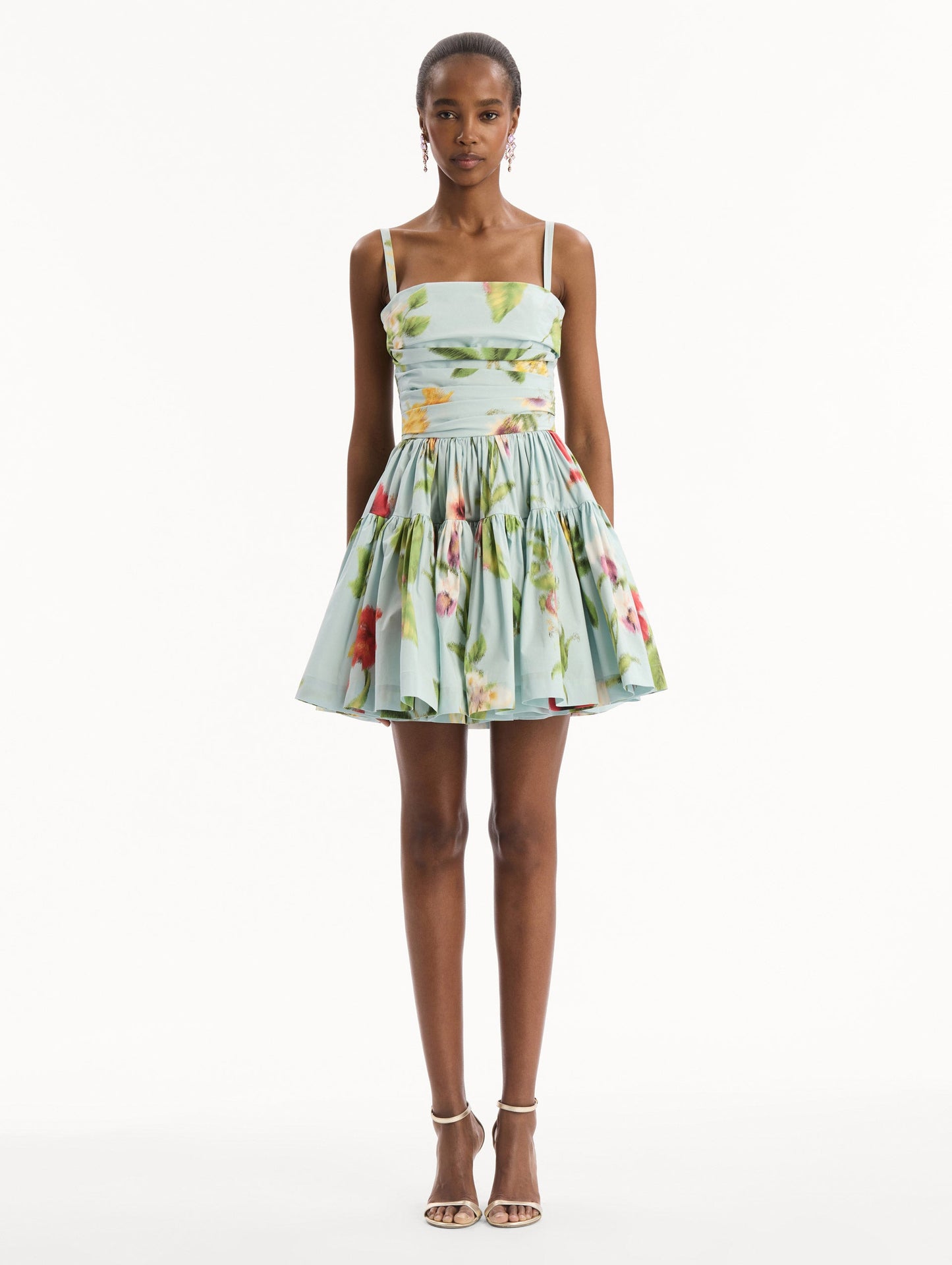 Chiné Dominican Mixed-Floral Cotton Poplin Tiered Dress Saltwater multi / Oscar de la Renta