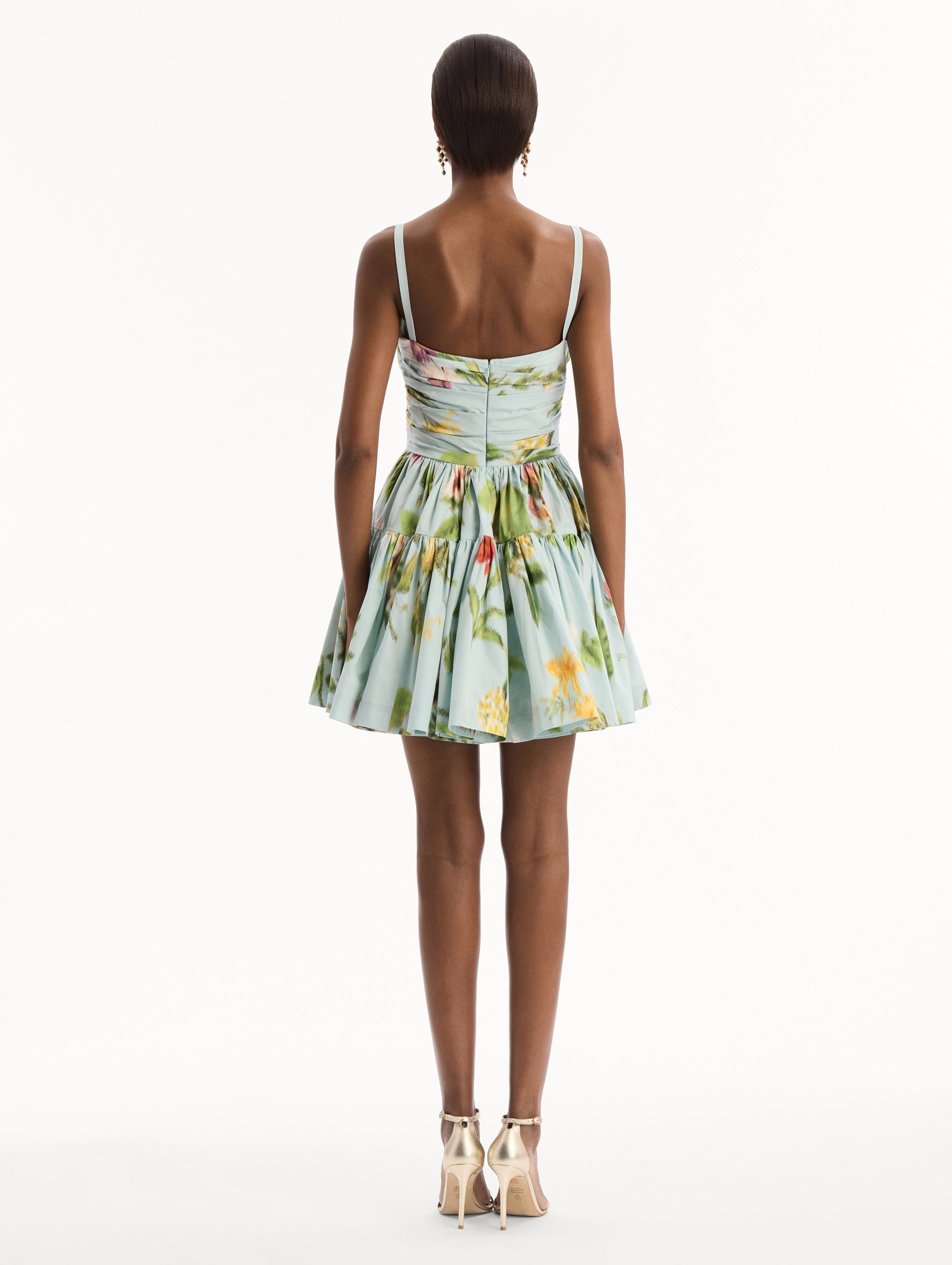 Chiné Dominican Mixed-Floral Cotton Poplin Tiered Dress Saltwater multi / Oscar de la Renta