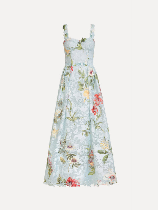 Dominican Mixed-Floral Guipure Cocktail Dress Saltwater multi / Oscar de la Renta