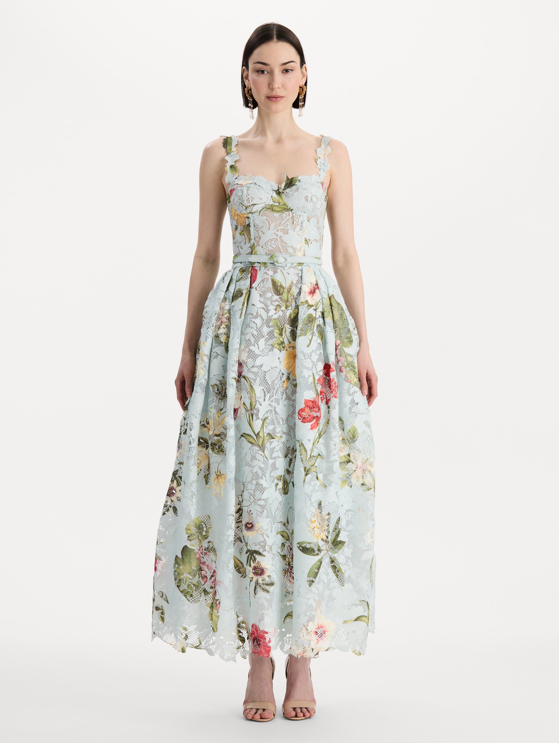 Dominican Mixed-Floral Guipure Cocktail Dress Saltwater multi / Oscar de la Renta