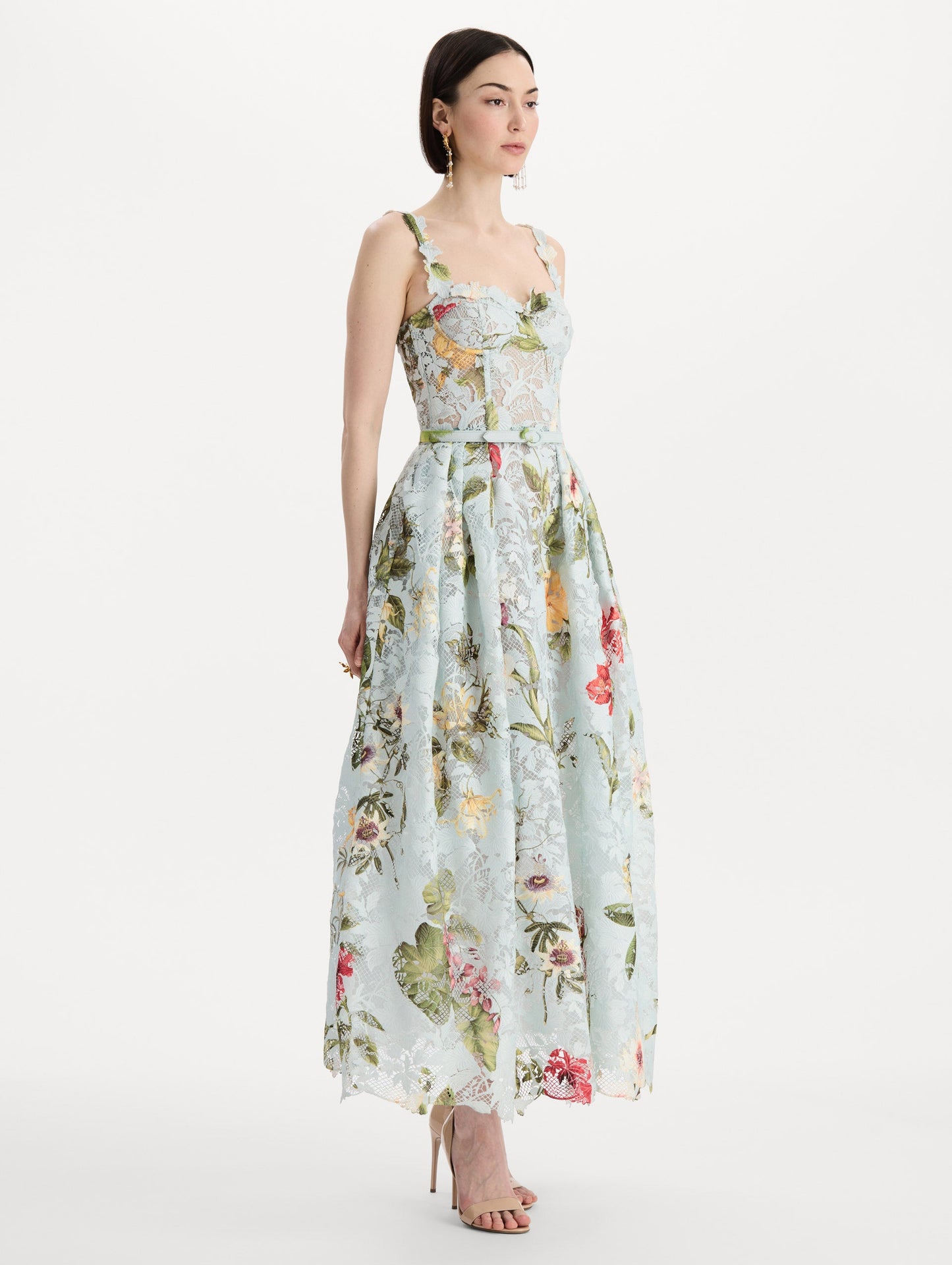 Dominican Mixed-Floral Guipure Cocktail Dress Saltwater multi / Oscar de la Renta