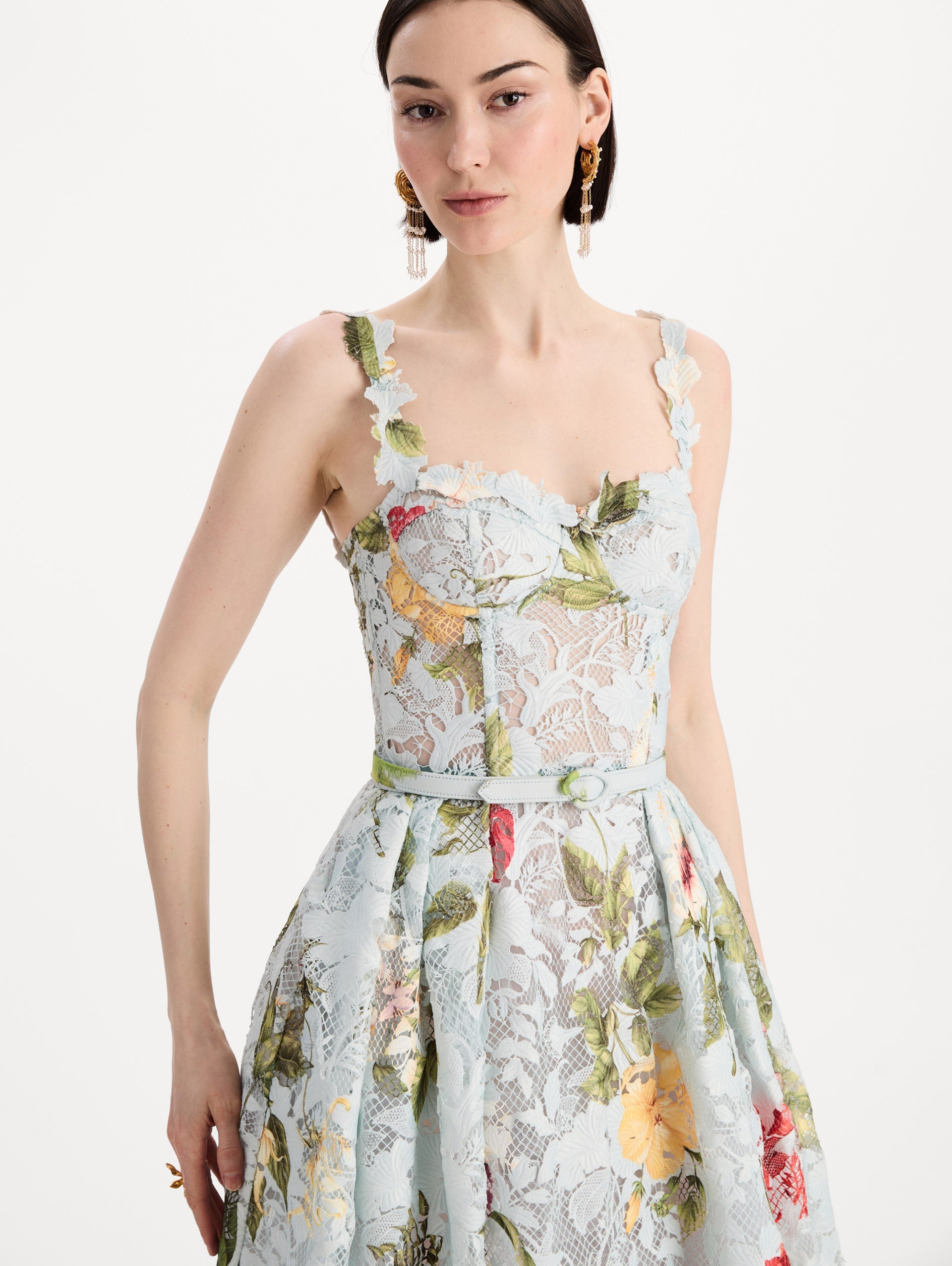 Dominican Mixed-Floral Guipure Cocktail Dress Saltwater multi / Oscar de la Renta