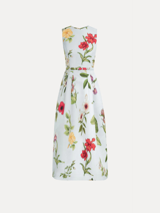 Chiné Dominican Mixed-Floral Faille Dress Saltwater multi / Oscar de la Renta