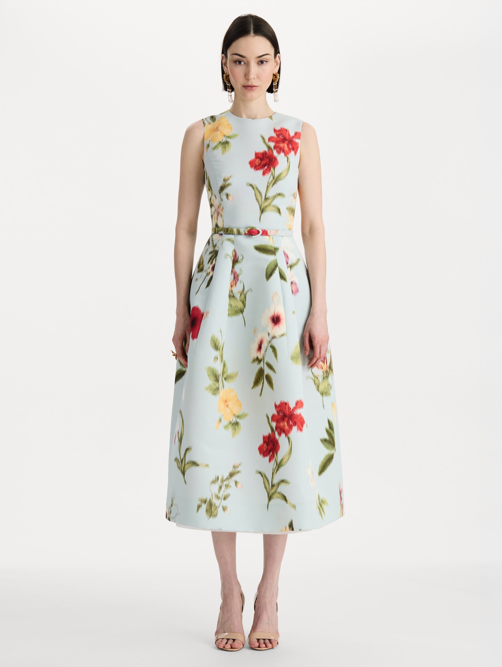 Chiné Dominican Mixed-Floral Faille Dress Saltwater multi / Oscar de la Renta