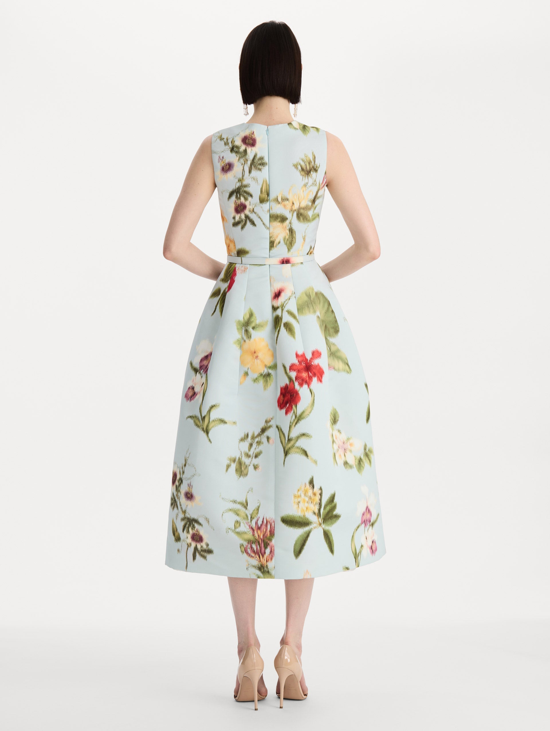 Chiné Dominican Mixed-Floral Faille Dress Saltwater multi / Oscar de la Renta