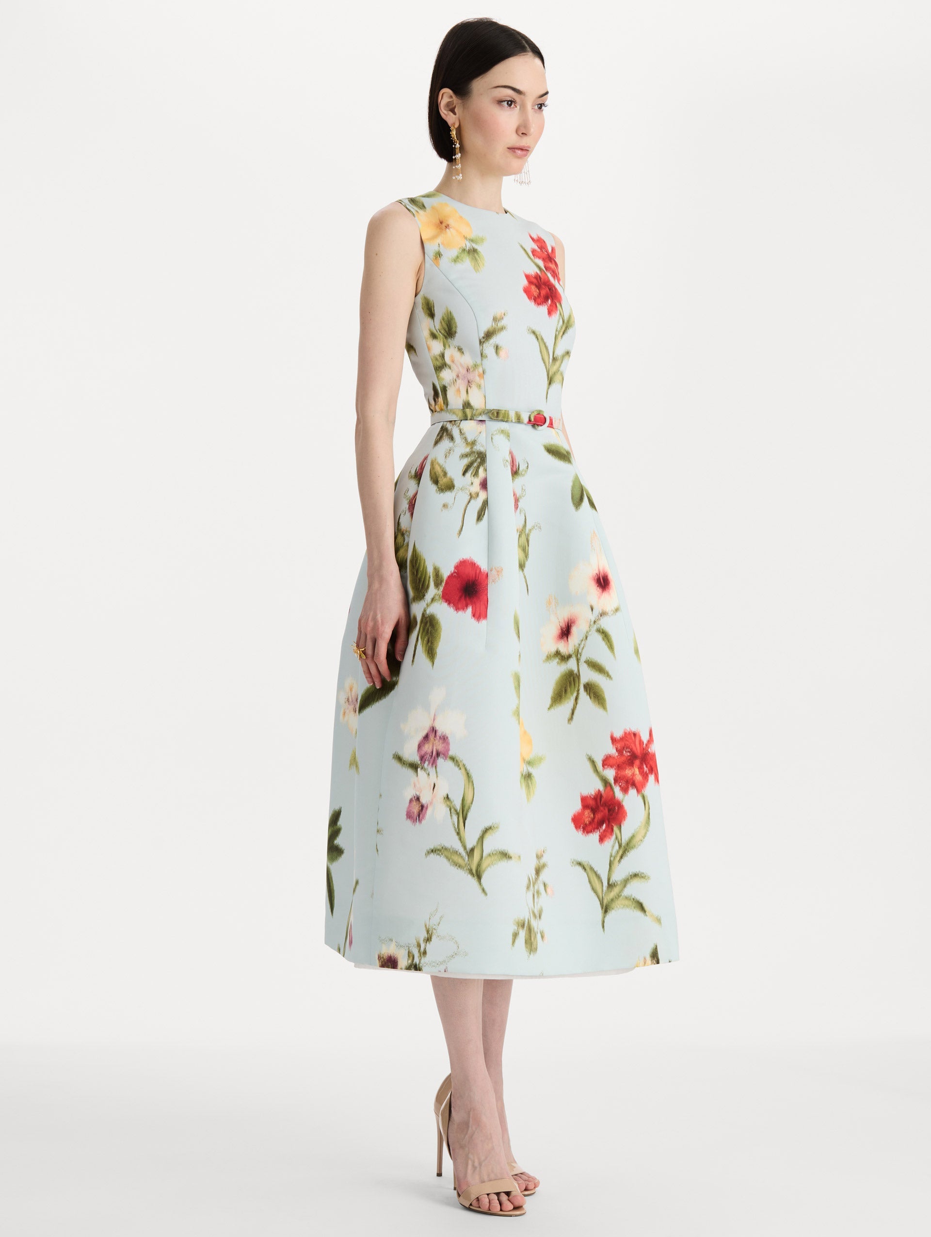 Chiné Dominican Mixed-Floral Faille Dress Saltwater multi / Oscar de la Renta