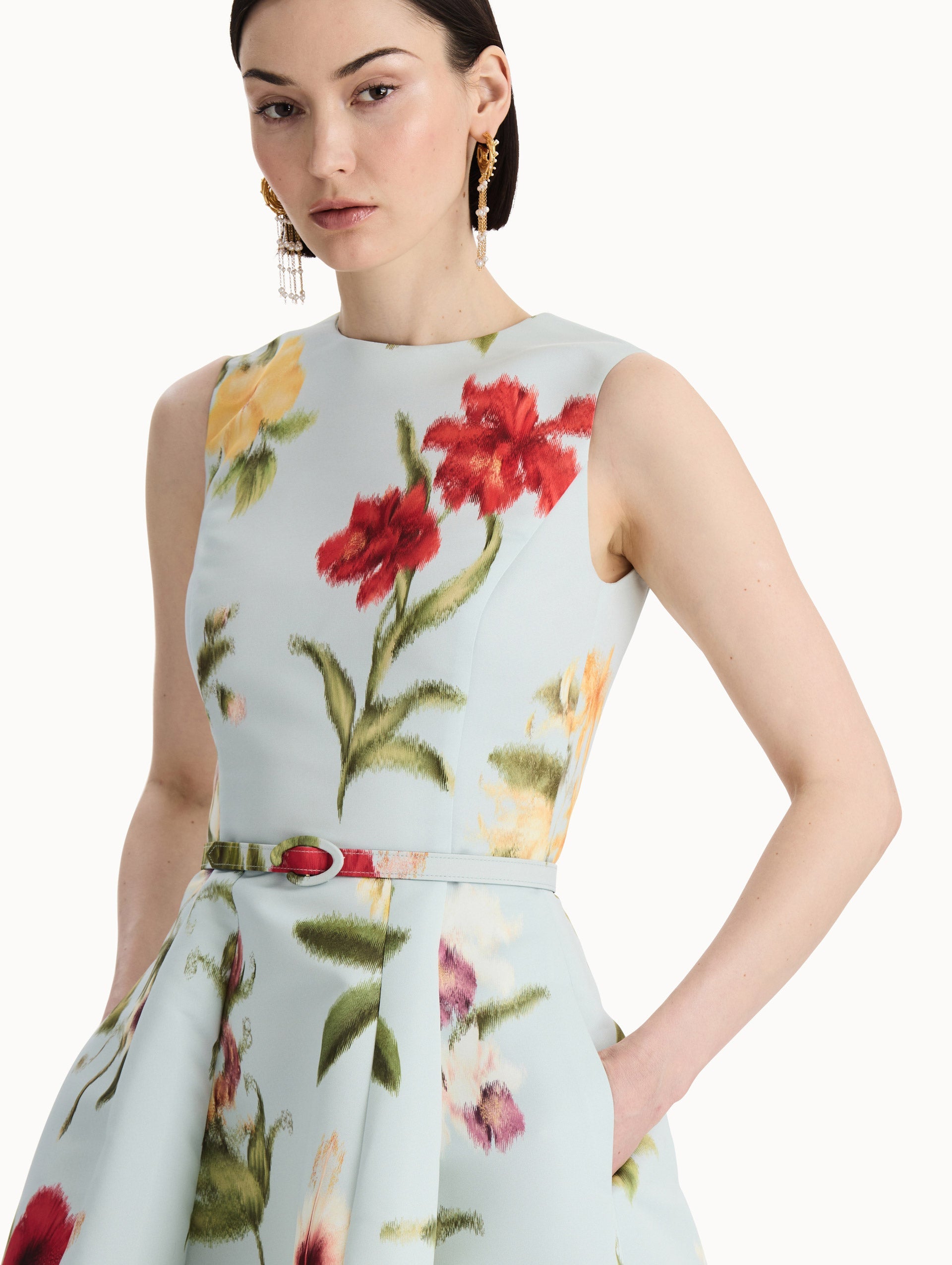 Chiné Dominican Mixed-Floral Faille Dress Saltwater multi / Oscar de la Renta