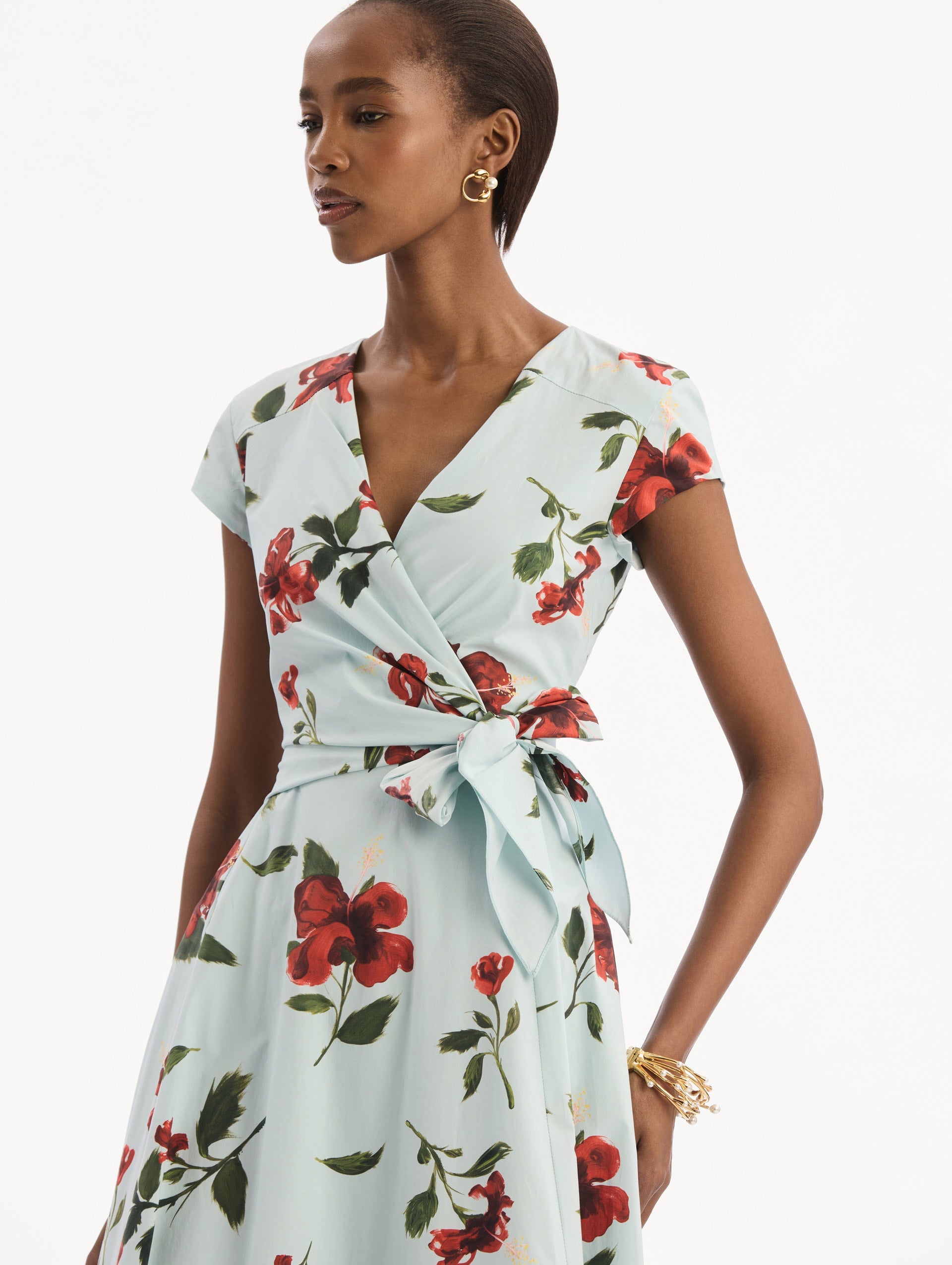 Hibiscus Cotton Poplin Wrap Dress Red/saltwater / Oscar de la Renta