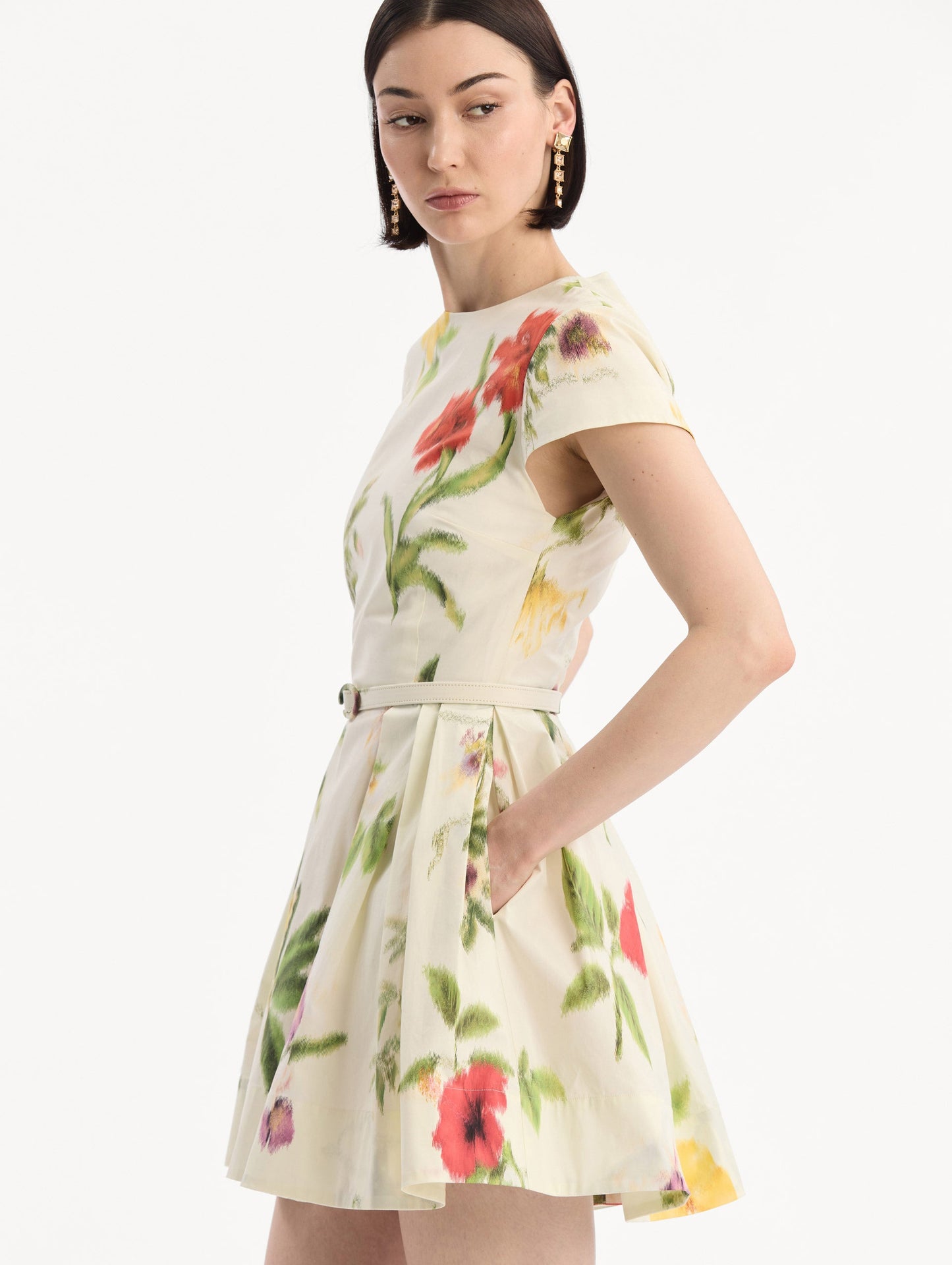 Chiné Dominican Mixed-Floral Cotton Poplin Dress Ivory multi / Oscar de la Renta