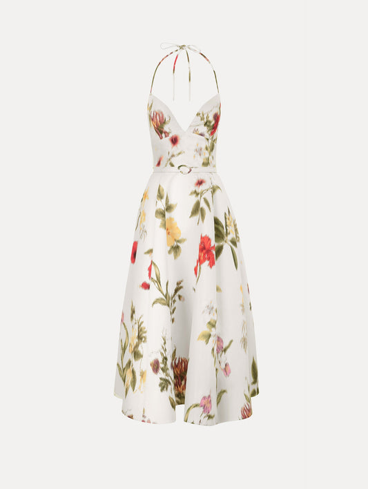 Chiné Dominican Mixed-Floral Faille Cocktail Dress Ivory multi / Oscar de la Renta