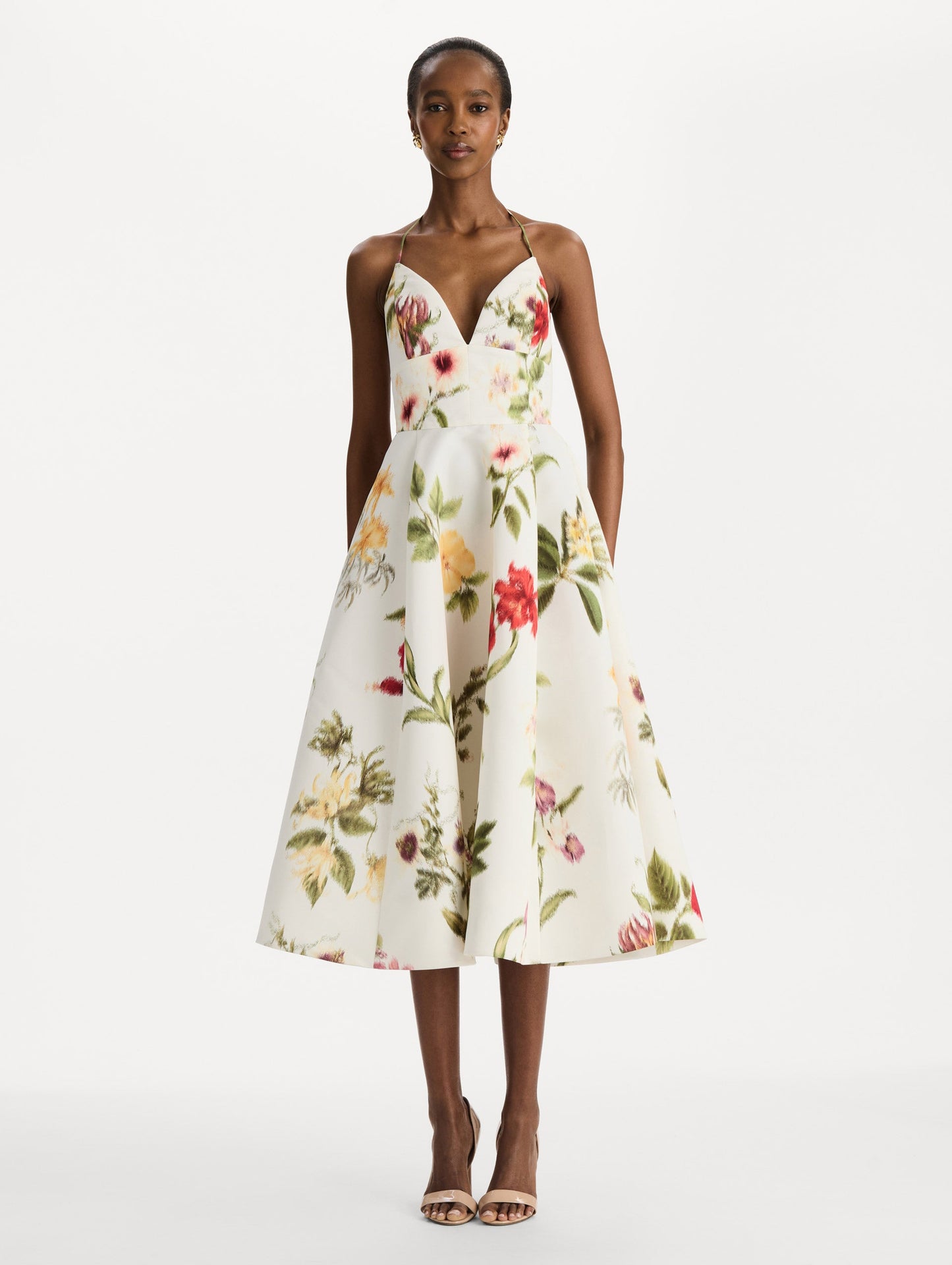 Chiné Dominican Mixed-Floral Faille Cocktail Dress Ivory multi / Oscar de la Renta