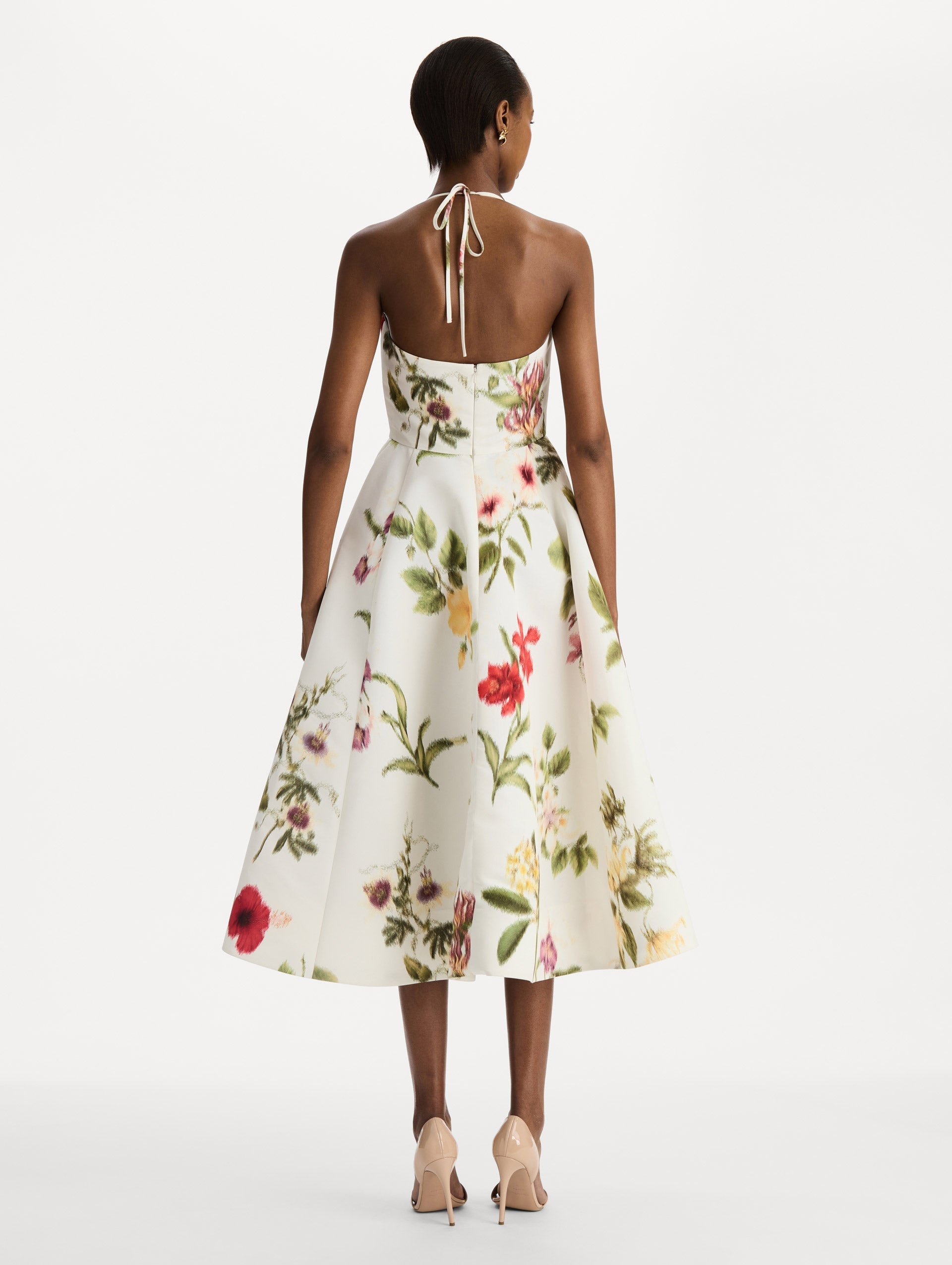 Chiné Dominican Mixed-Floral Faille Cocktail Dress Ivory multi / Oscar de la Renta