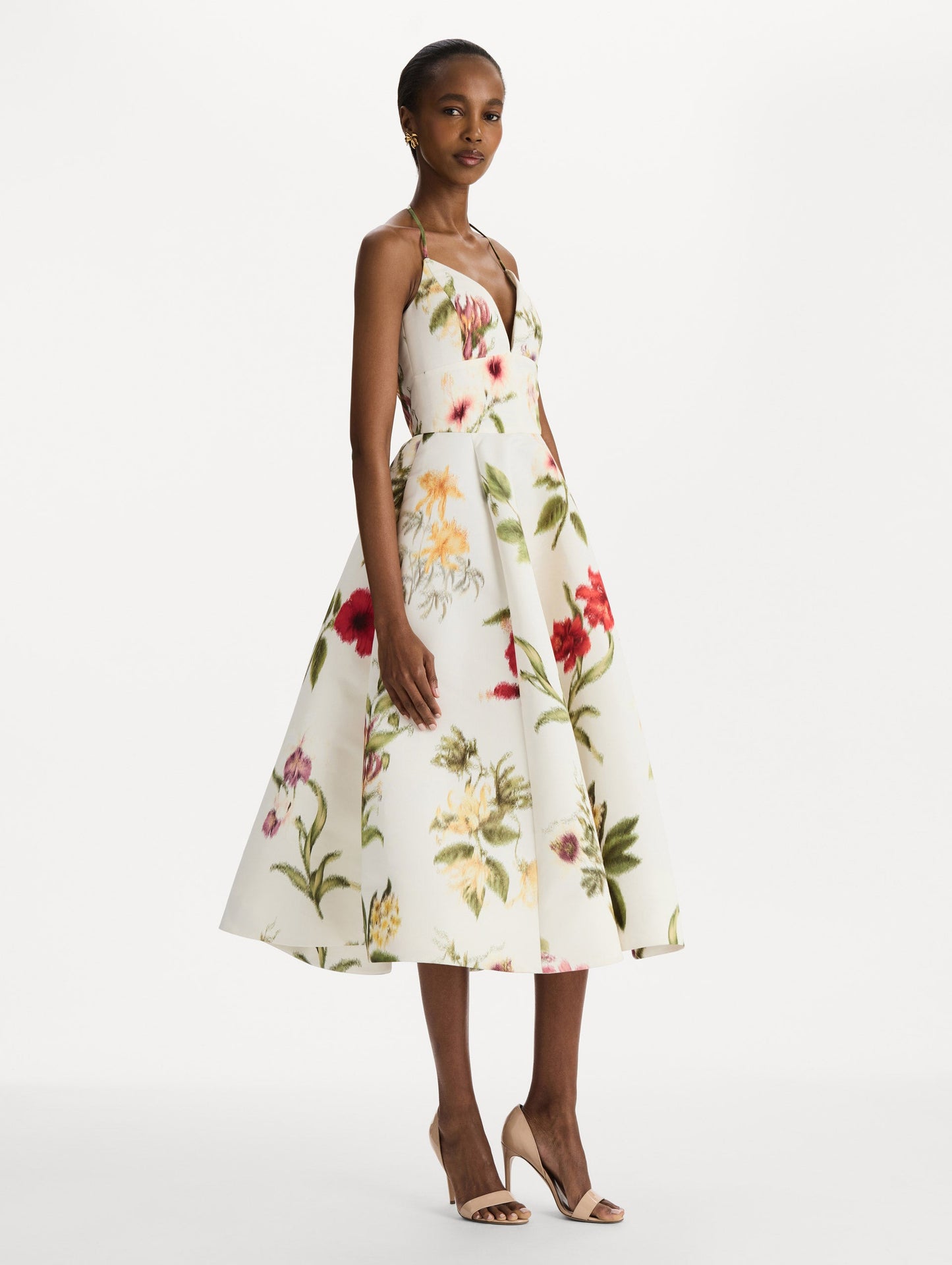Chiné Dominican Mixed-Floral Faille Cocktail Dress Ivory multi / Oscar de la Renta