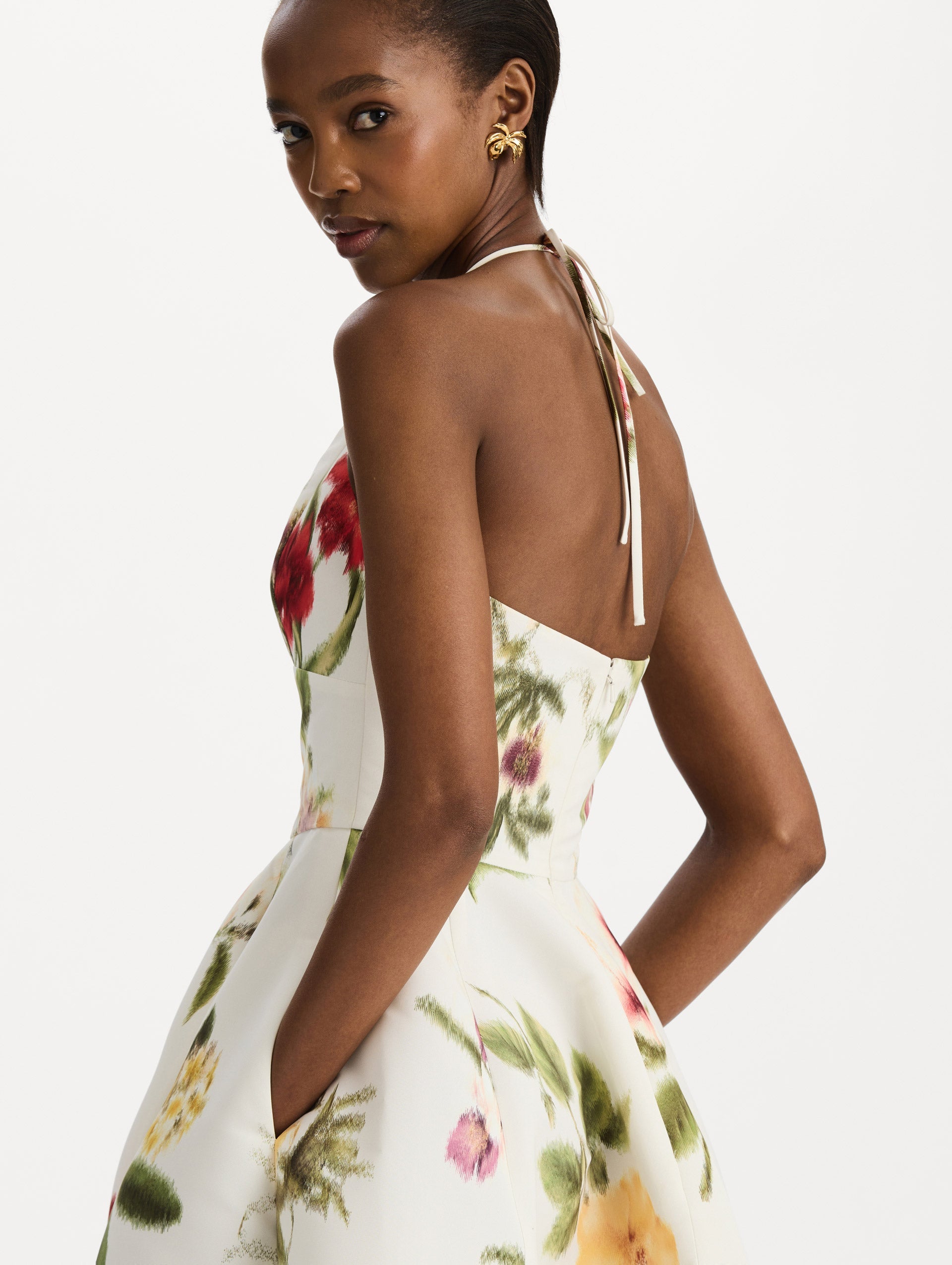 Chiné Dominican Mixed-Floral Faille Cocktail Dress Ivory multi / Oscar de la Renta
