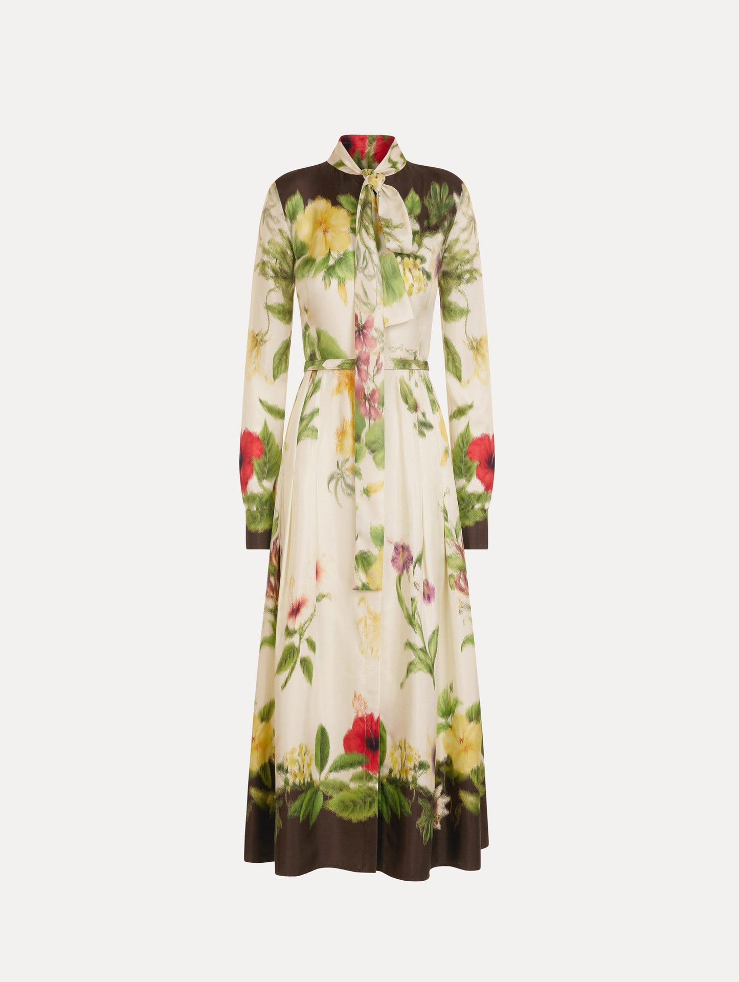 Chiné Dominican Mixed-Floral Silk Twill Dress Brown multi / Oscar de la Renta