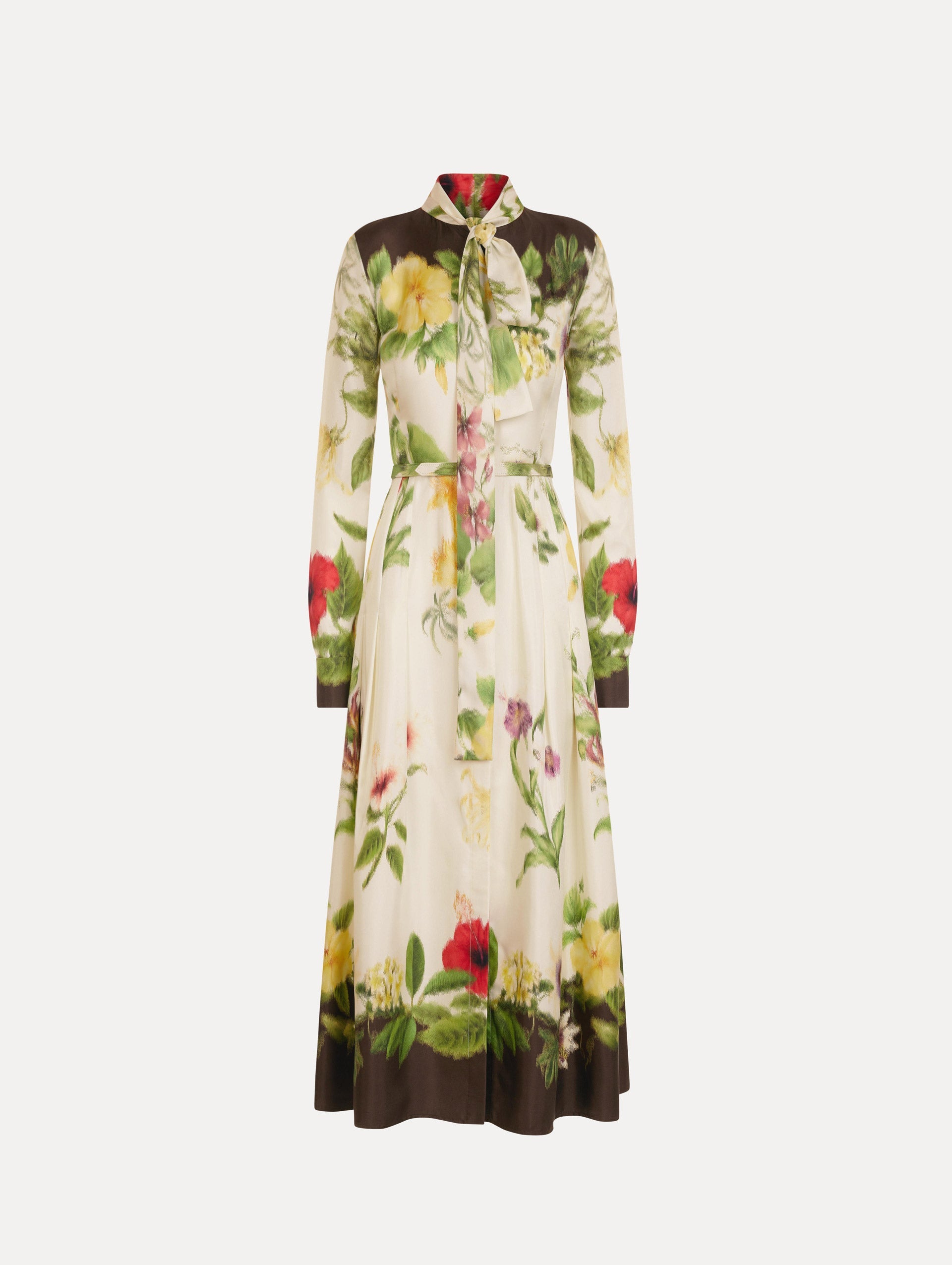 Chiné Dominican Mixed-Floral Silk Twill Dress Brown multi / Oscar de la Renta