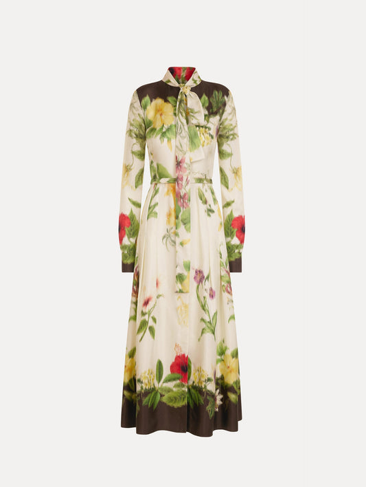 Chiné Dominican Mixed-Floral Silk Twill Dress Brown multi / Oscar de la Renta