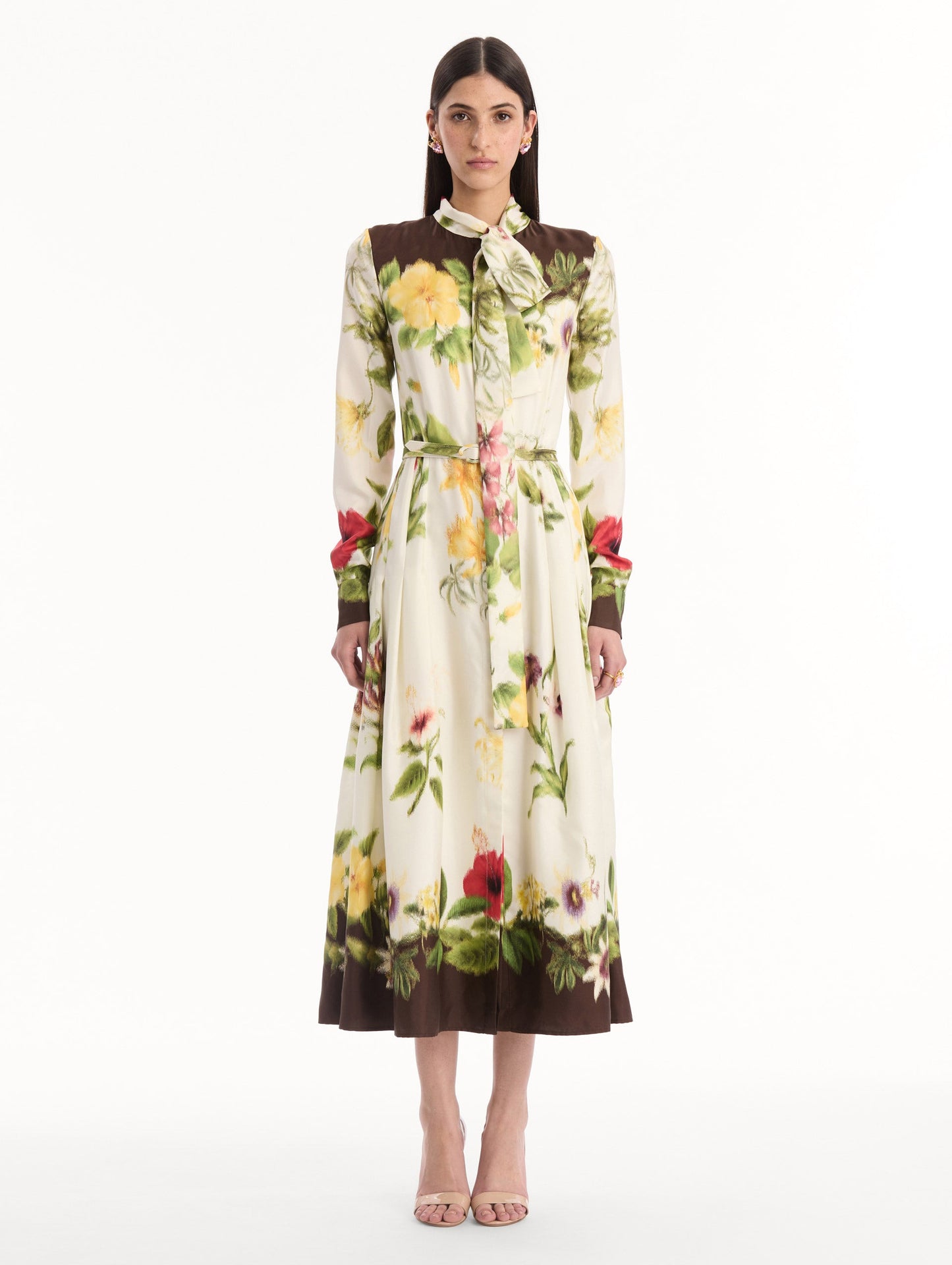 Chiné Dominican Mixed-Floral Silk Twill Dress Brown multi / Oscar de la Renta
