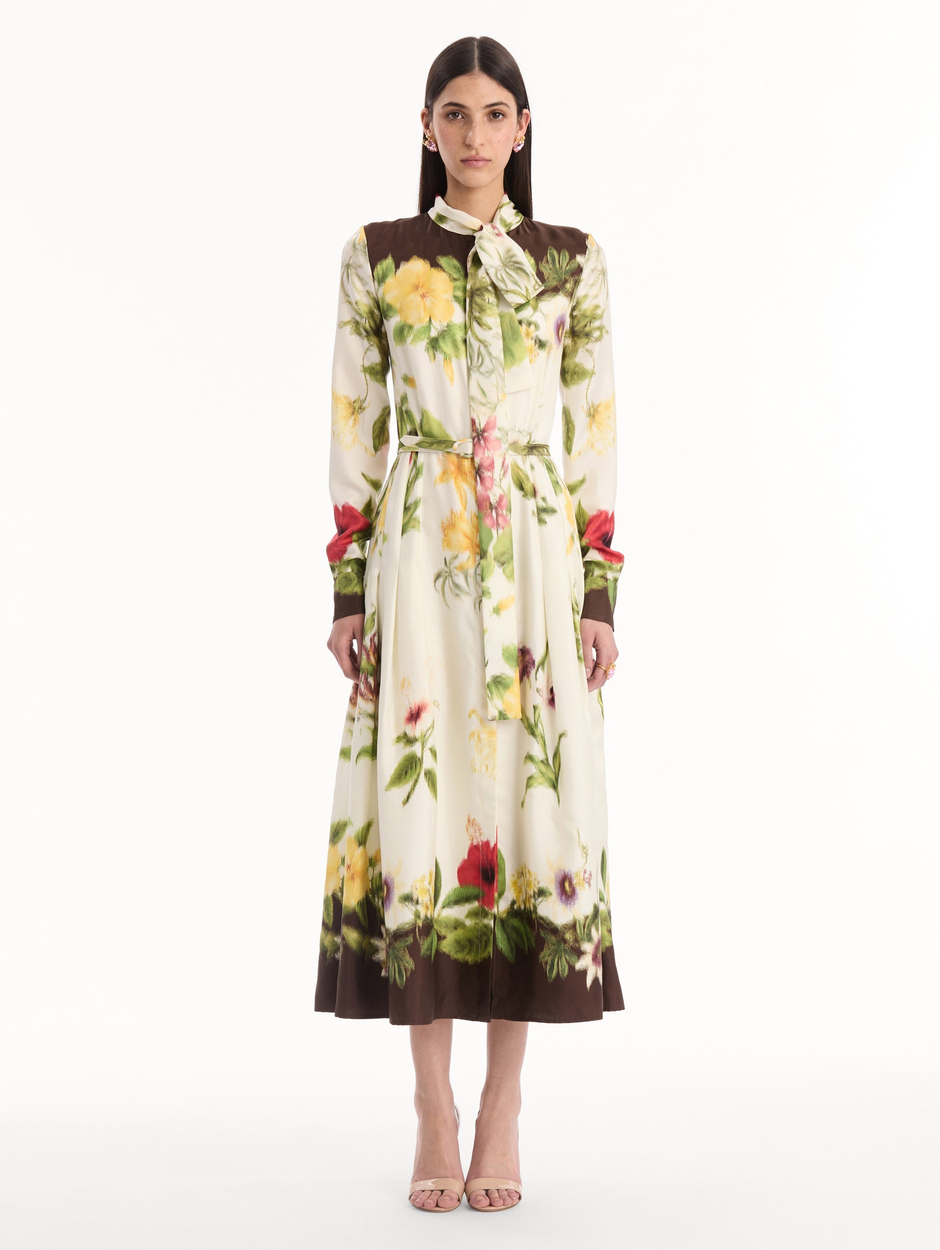 Chiné Dominican Mixed-Floral Silk Twill Dress Brown multi / Oscar de la Renta