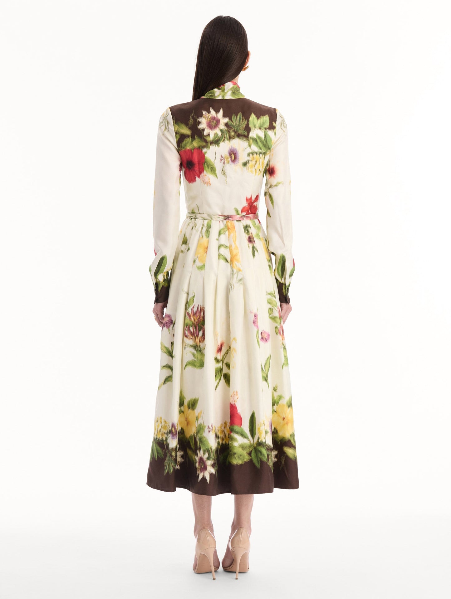 Chiné Dominican Mixed-Floral Silk Twill Dress Brown multi / Oscar de la Renta