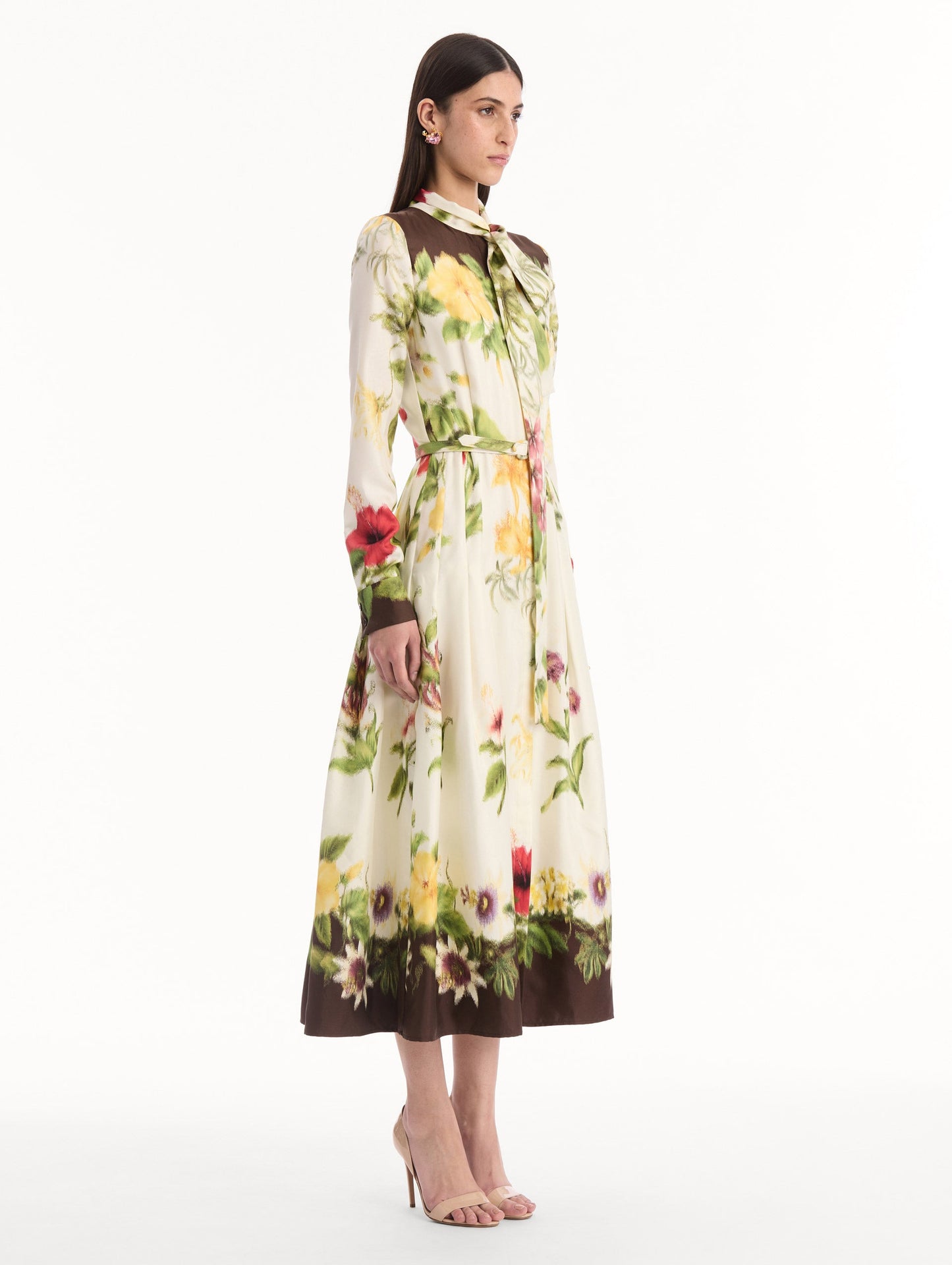 Chiné Dominican Mixed-Floral Silk Twill Dress Brown multi / Oscar de la Renta