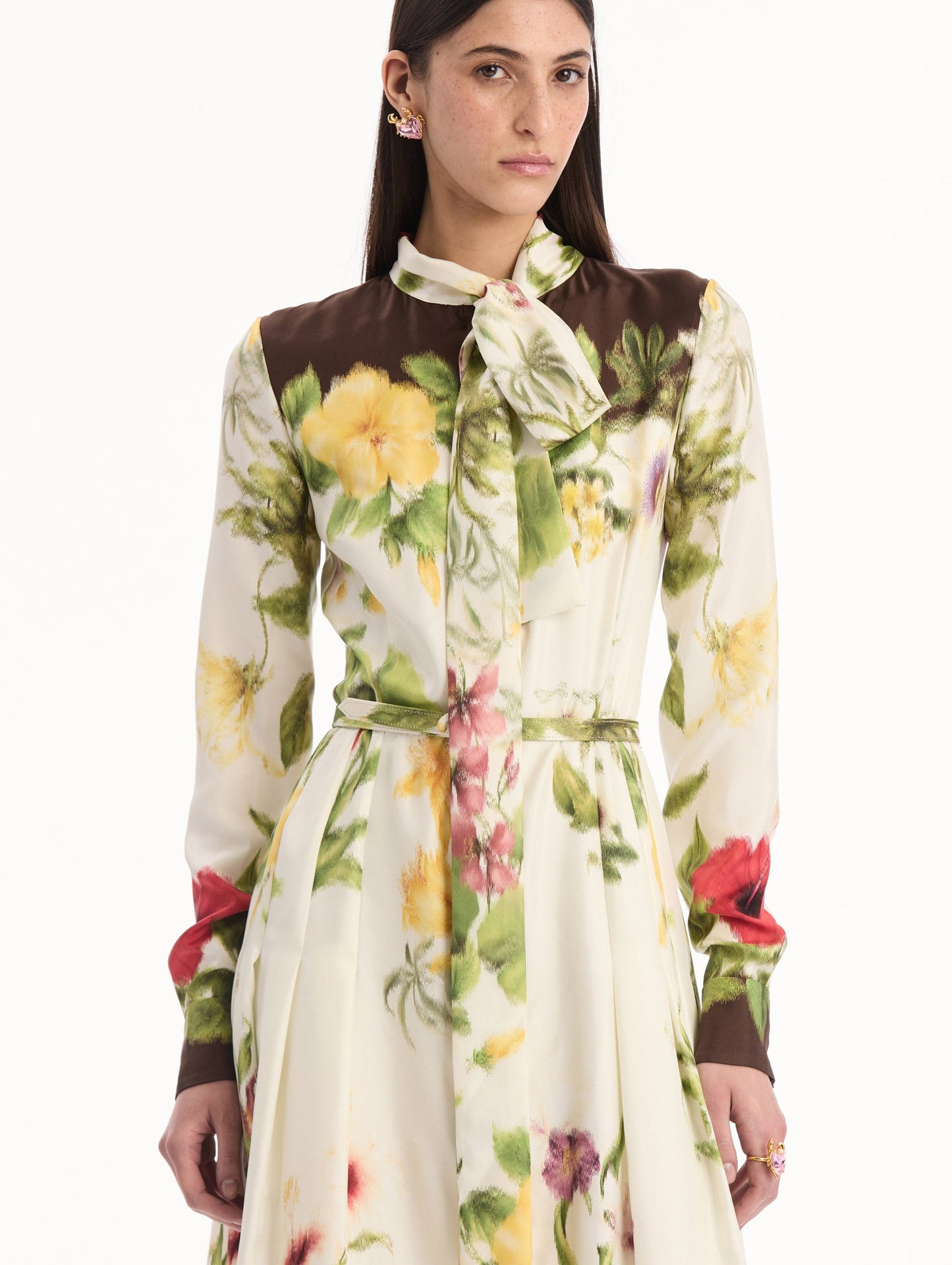 Chiné Dominican Mixed-Floral Silk Twill Dress Brown multi / Oscar de la Renta