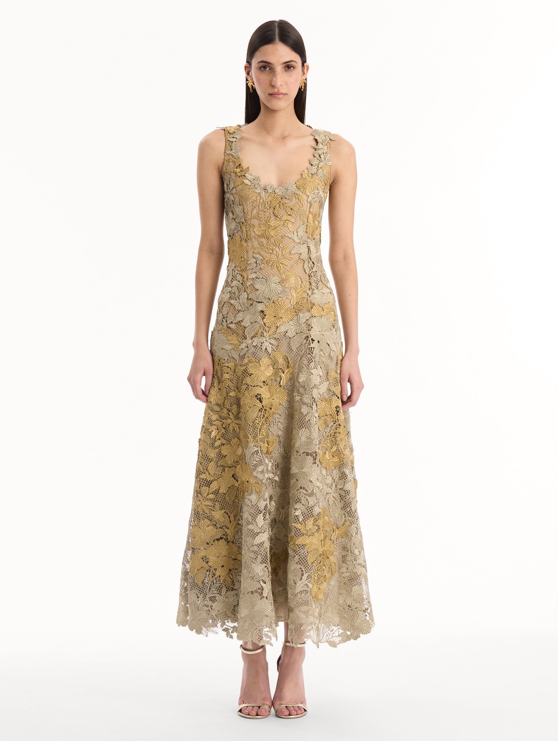 Hibiscus Metallic Guipure Cocktail Dress Gold/white gold / Oscar de la Renta