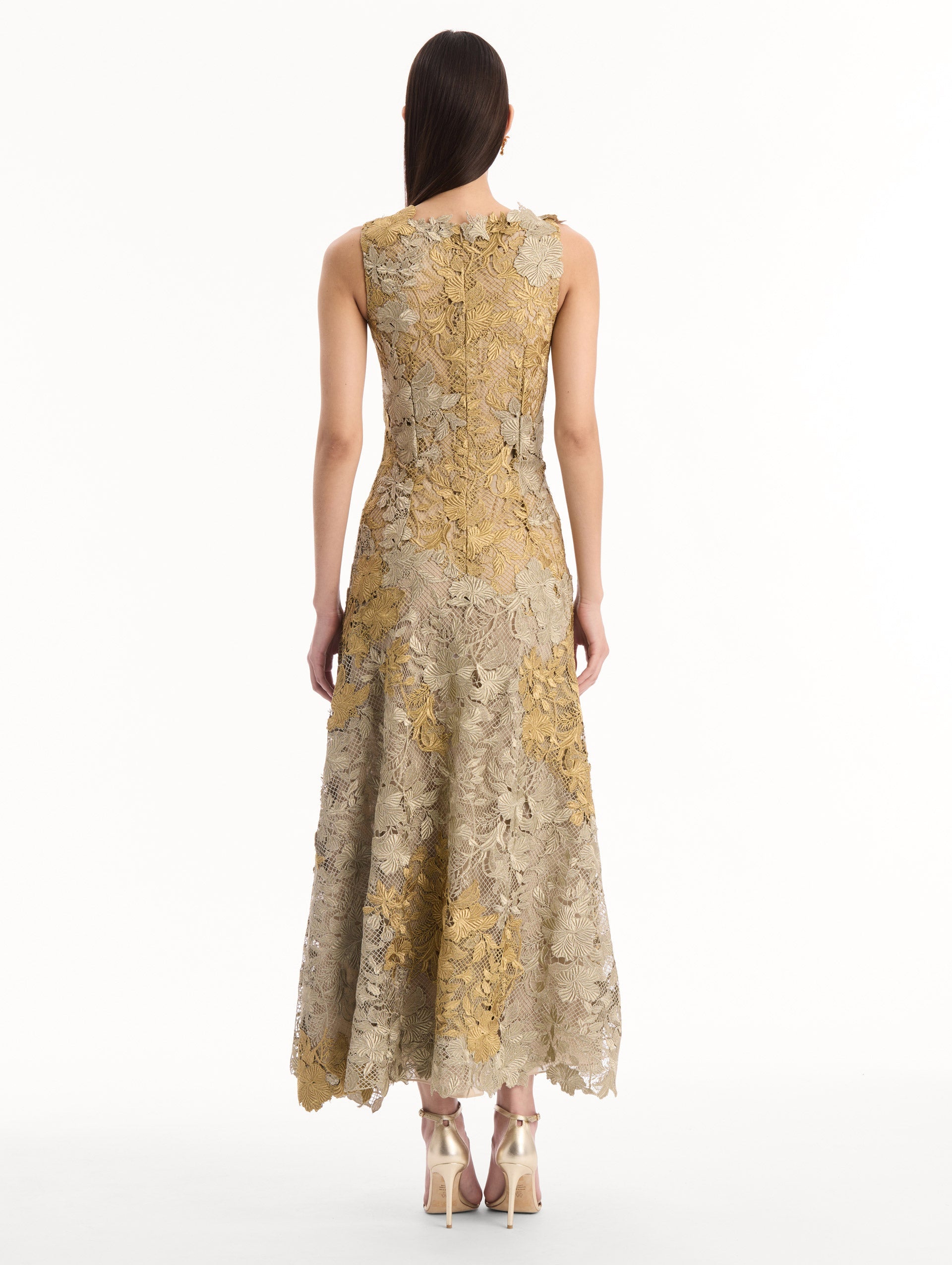 Hibiscus Metallic Guipure Cocktail Dress Gold/white gold / Oscar de la Renta