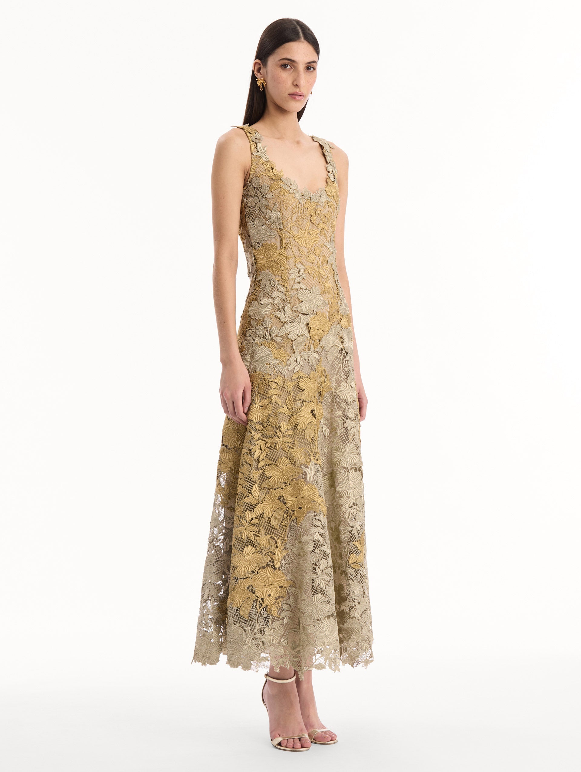 Hibiscus Metallic Guipure Cocktail Dress Gold/white gold / Oscar de la Renta