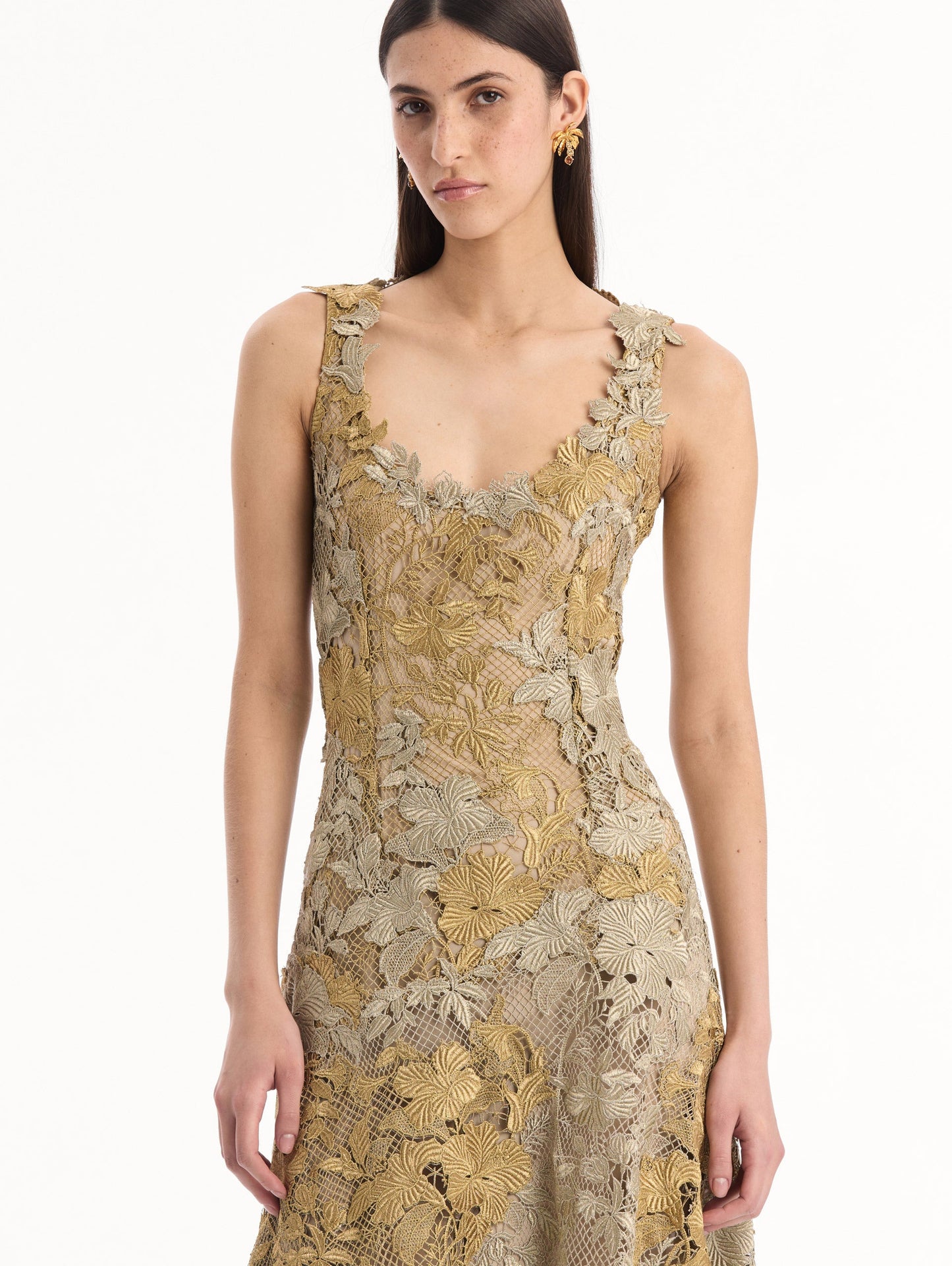 Hibiscus Metallic Guipure Cocktail Dress Gold/white gold / Oscar de la Renta