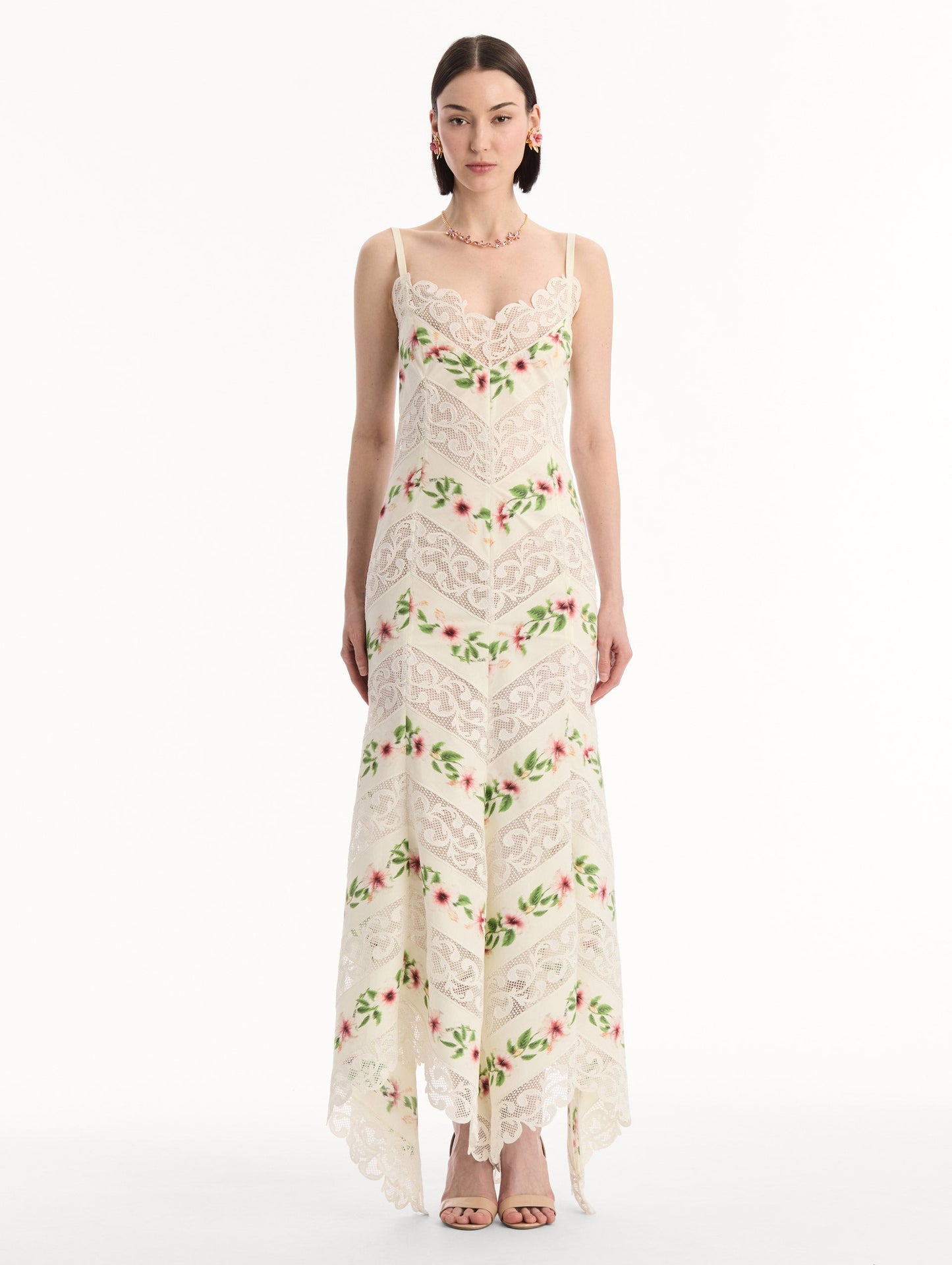 Chiné Hibiscus Striped Cotton Poplin Dress Ivory / Oscar de la Renta
