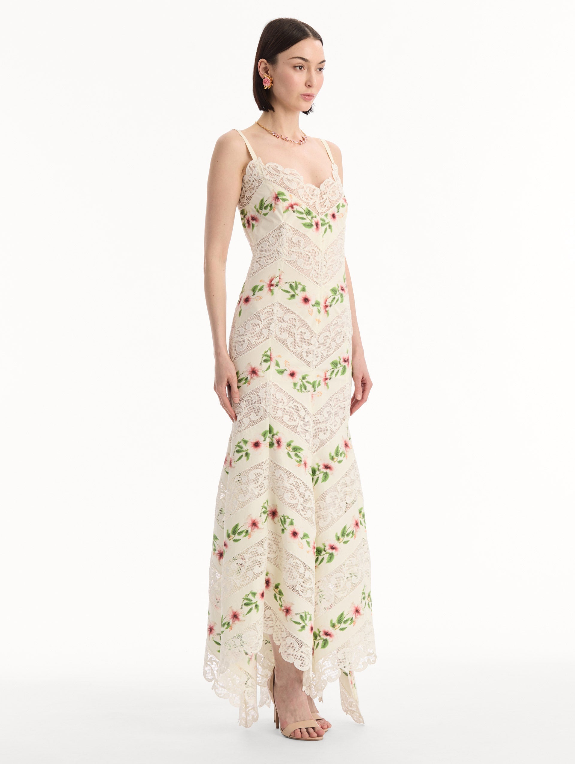 Chiné Hibiscus Striped Cotton Poplin Dress Ivory / Oscar de la Renta