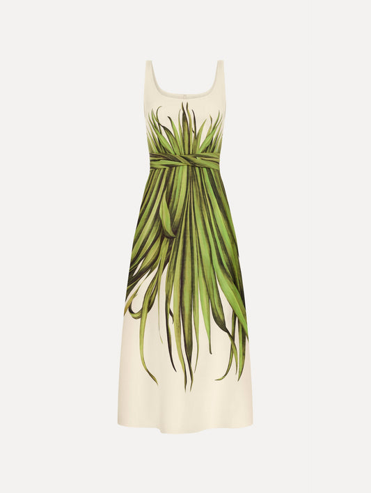 Palm Leaves Cotton Poplin Dress Green/ecru / Oscar de la Renta