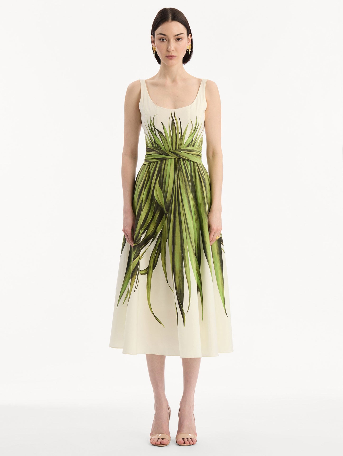 Palm Leaves Cotton Poplin Dress Green/ecru / Oscar de la Renta