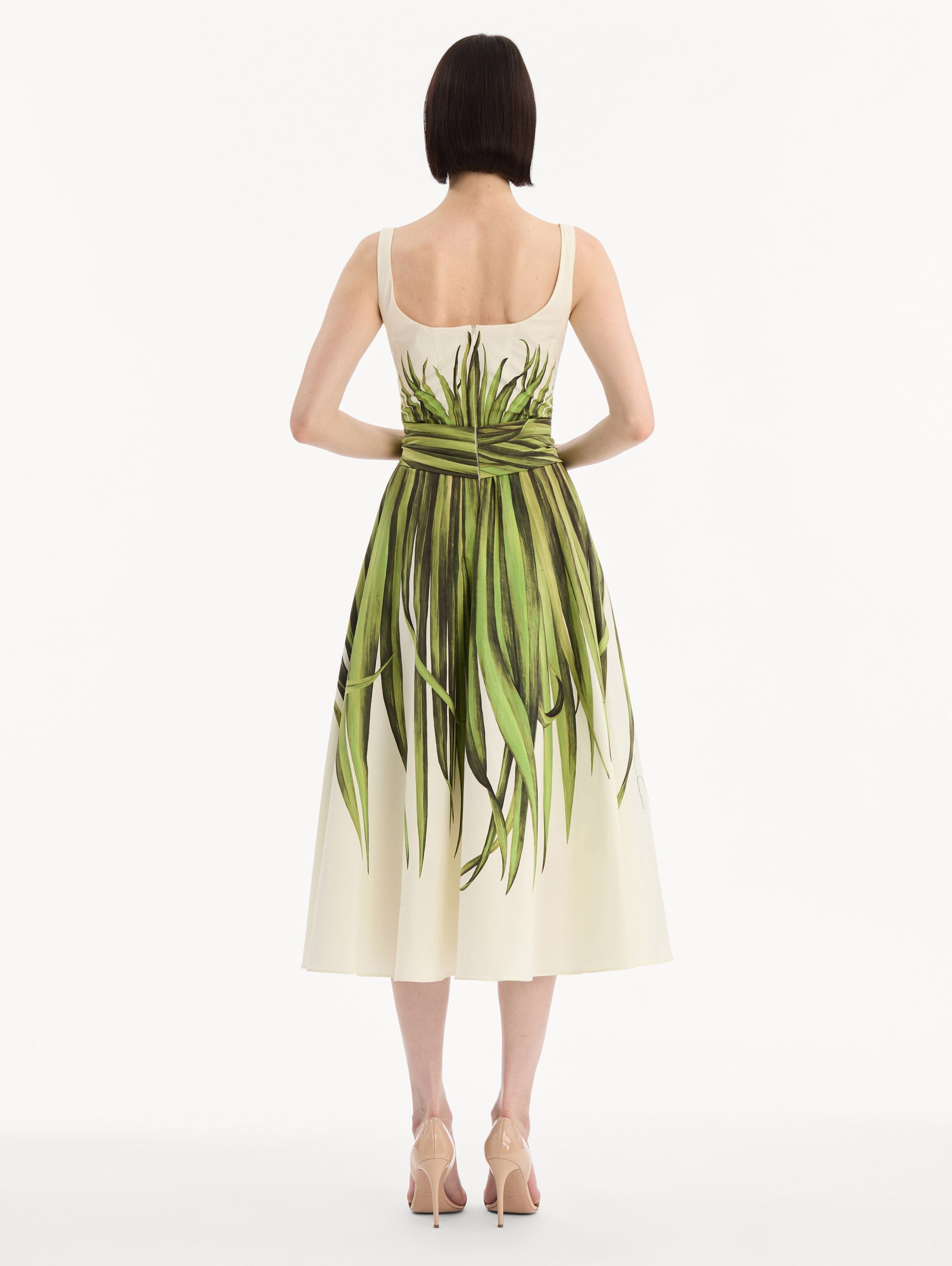 Palm Leaves Cotton Poplin Dress Green/ecru / Oscar de la Renta