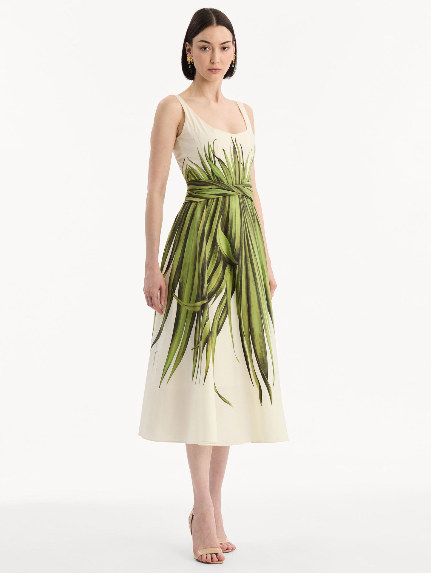 Palm Leaves Cotton Poplin Dress Green/ecru / Oscar de la Renta