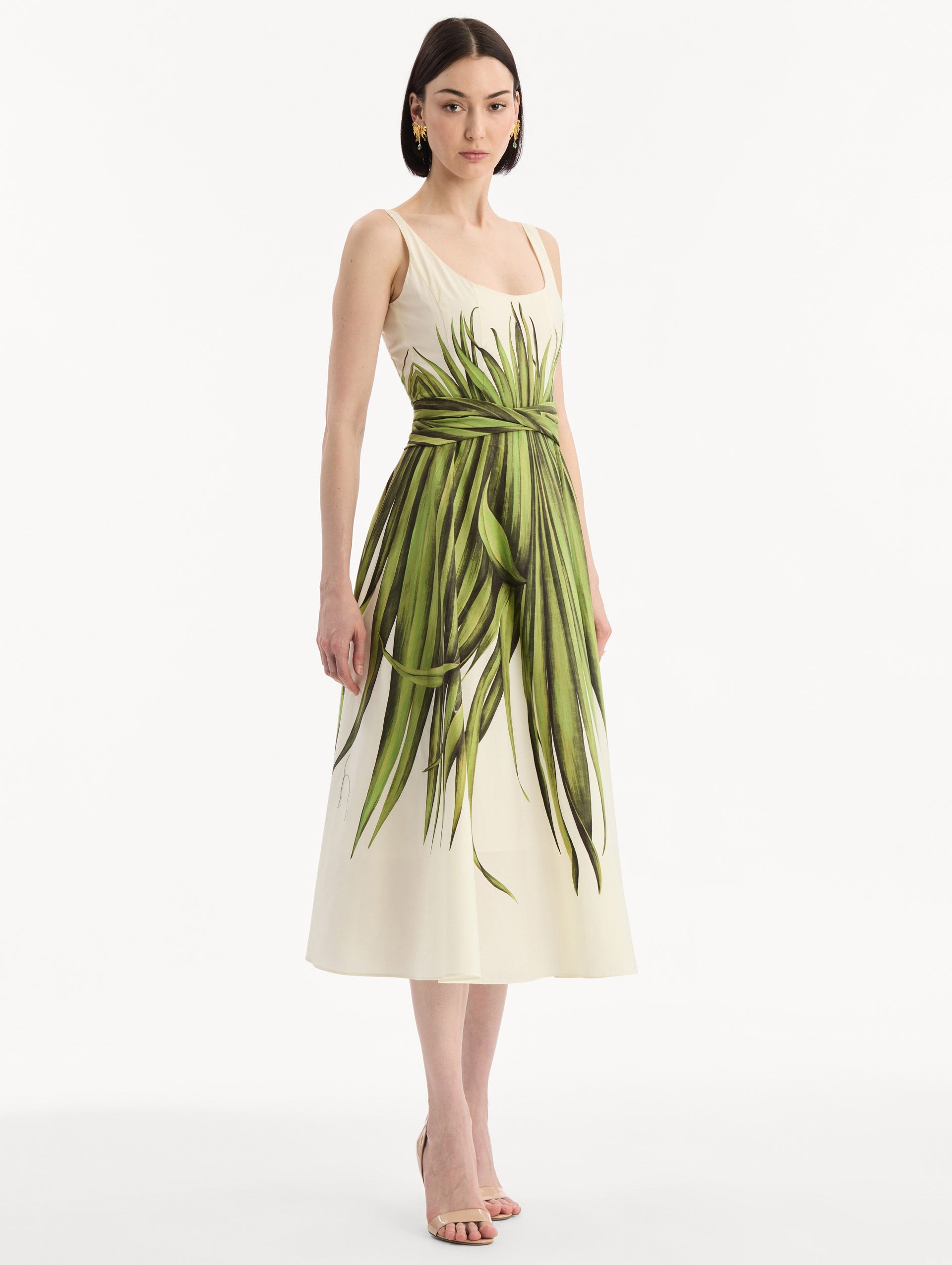 Palm Leaves Cotton Poplin Dress Green/ecru / Oscar de la Renta