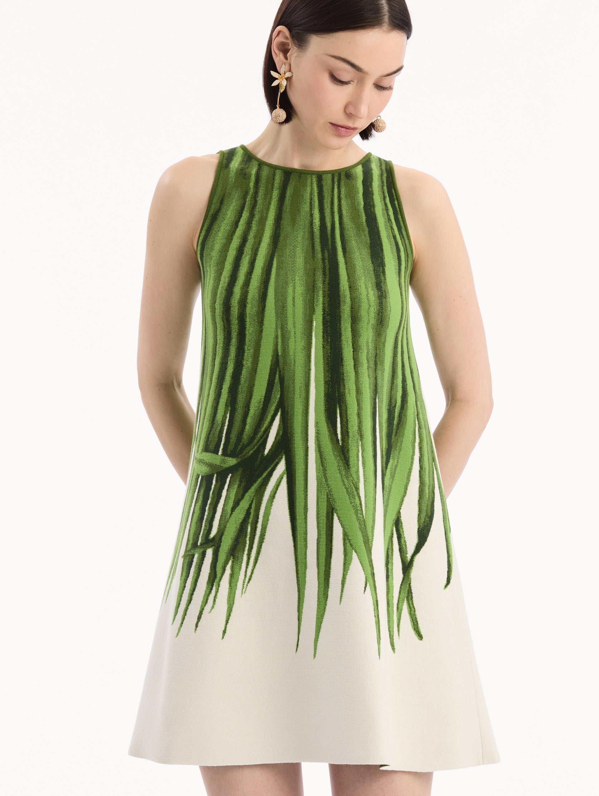 Palm Leaves Jacquard Shift Dress Green/ivory / Oscar de la Renta