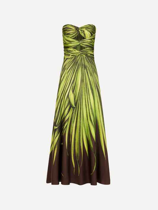 Palm Leaves Silk Twill Cocktail Dress Green/brown / Oscar de la Renta