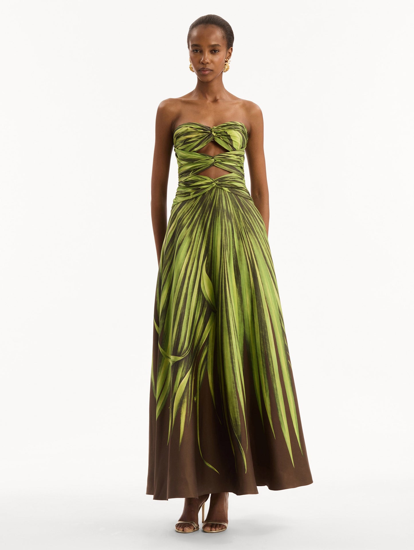 Palm Leaves Silk Twill Cocktail Dress Green/brown / Oscar de la Renta