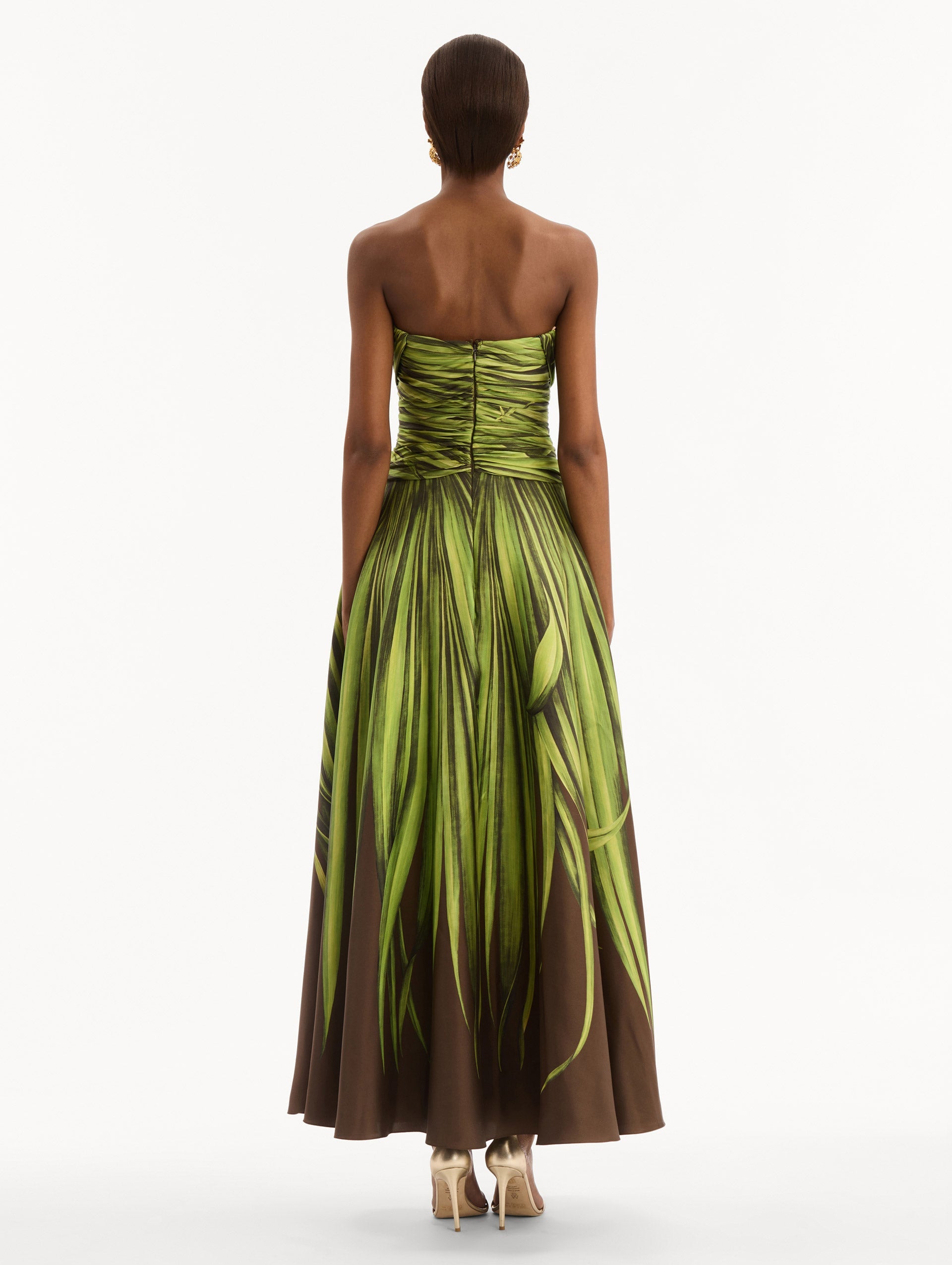 Palm Leaves Silk Twill Cocktail Dress Green/brown / Oscar de la Renta