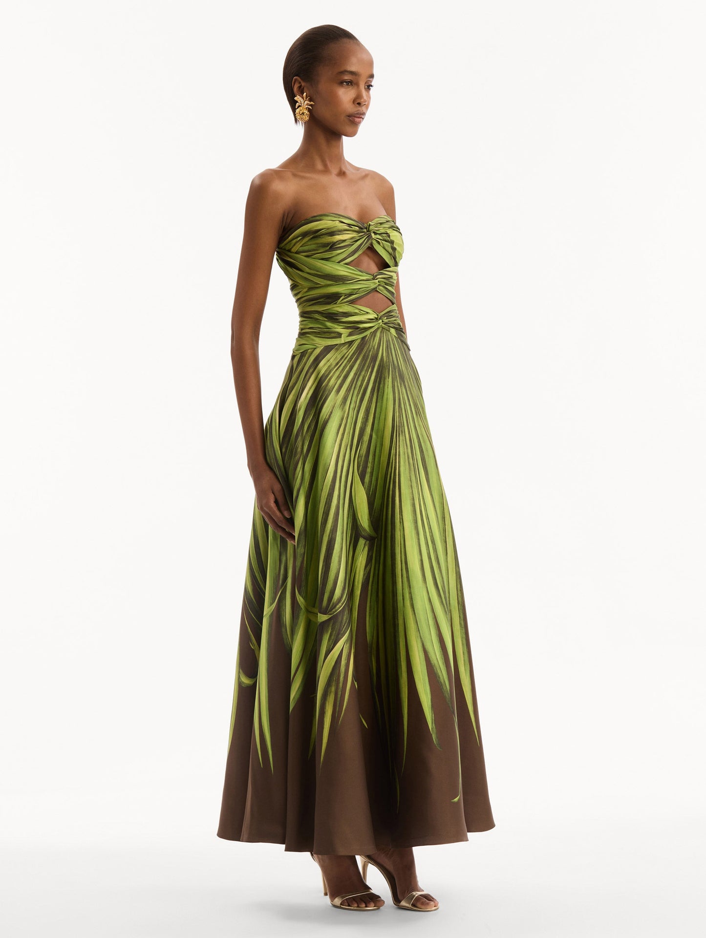 Palm Leaves Silk Twill Cocktail Dress Green/brown / Oscar de la Renta