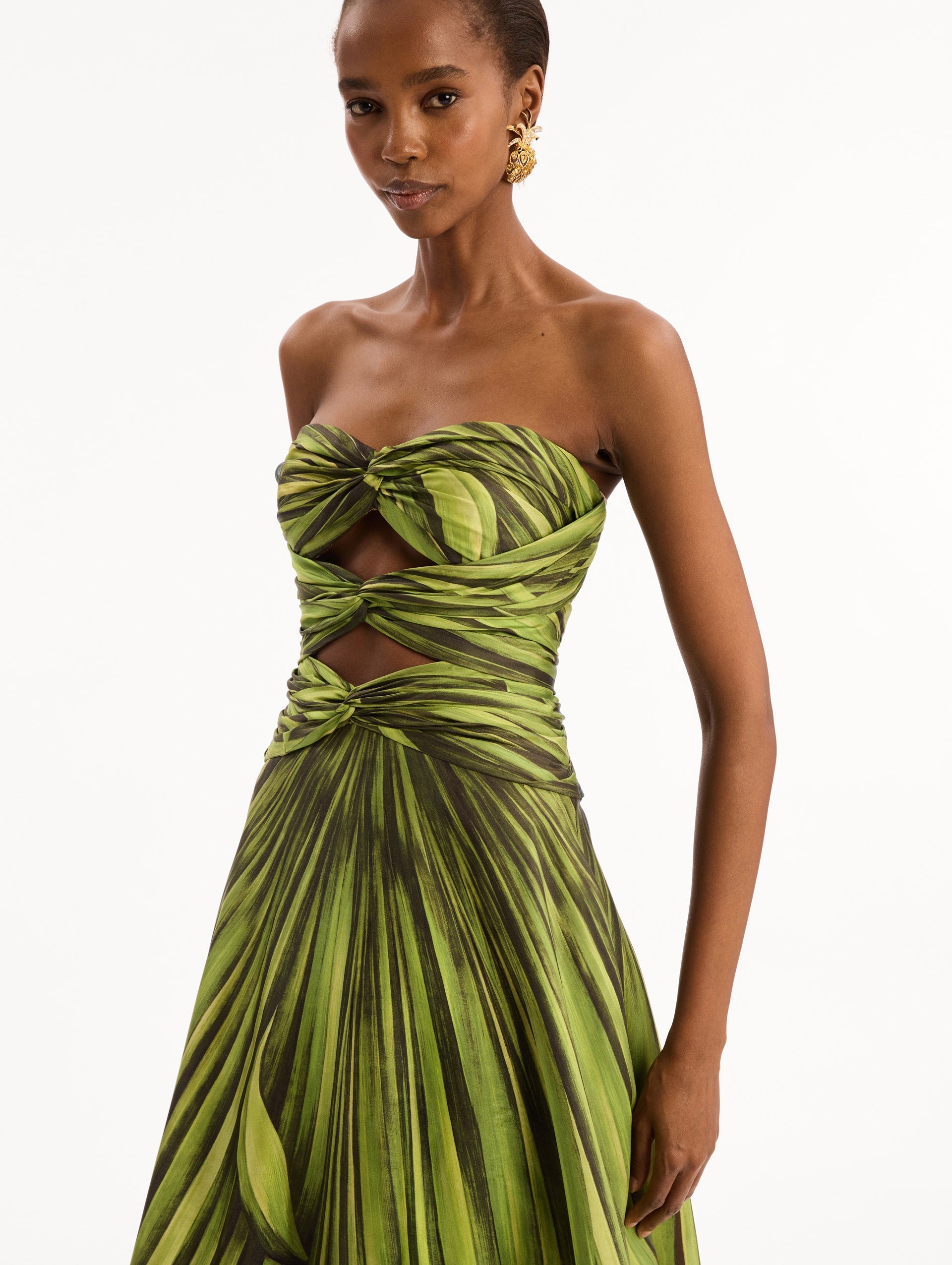 Palm Leaves Silk Twill Cocktail Dress Green/brown / Oscar de la Renta