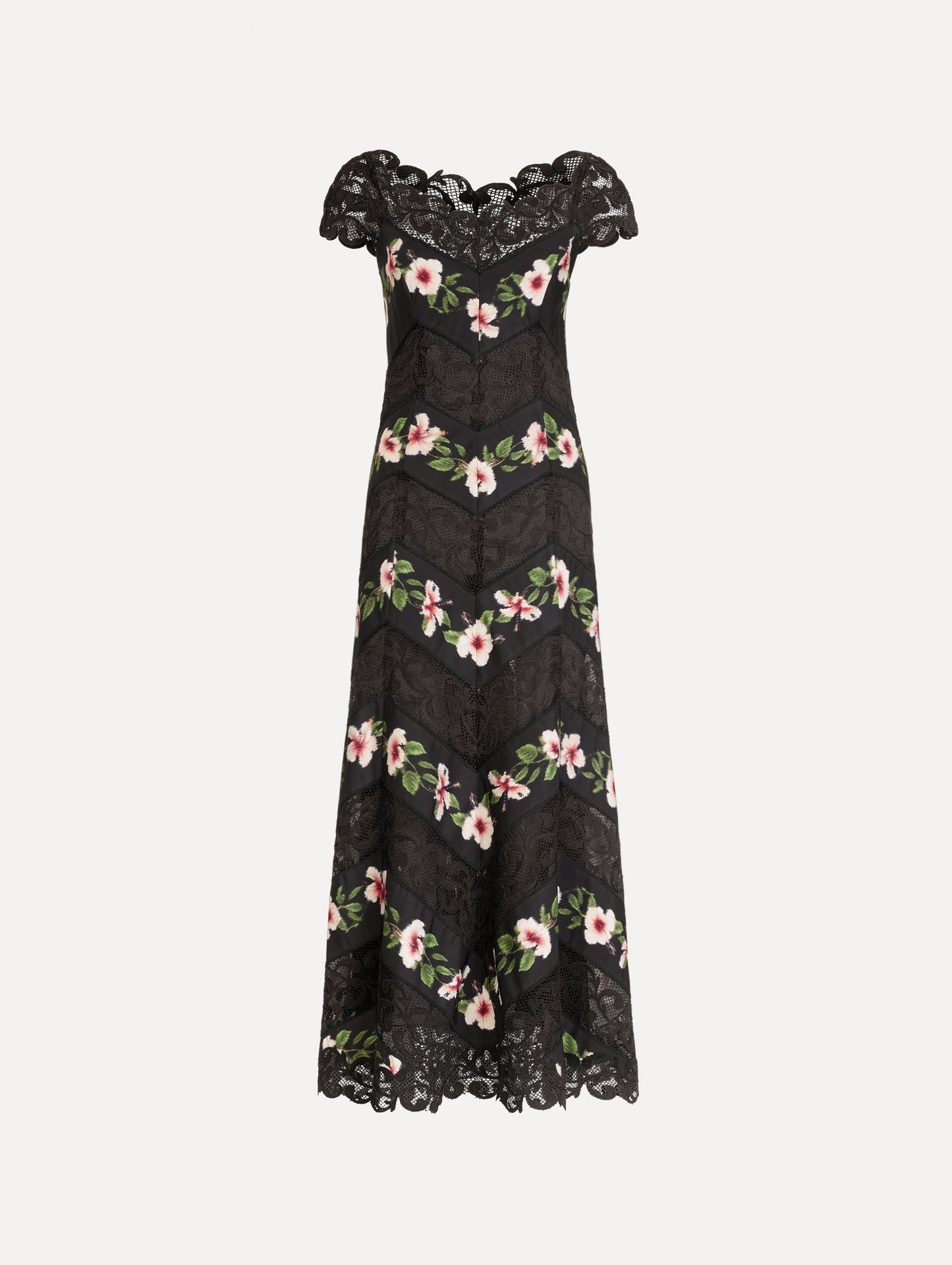 Chiné Hibiscus Striped Faille Midi Dress Black / Oscar de la Renta