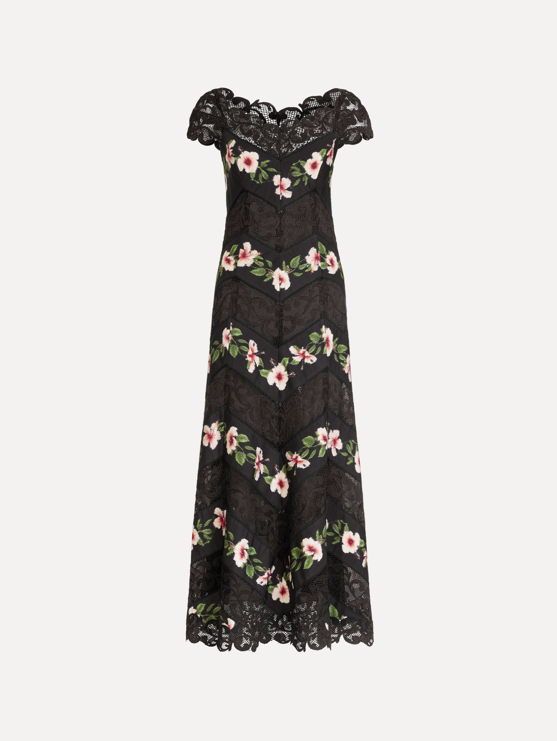 Chiné Hibiscus Striped Faille Midi Dress Black / Oscar de la Renta