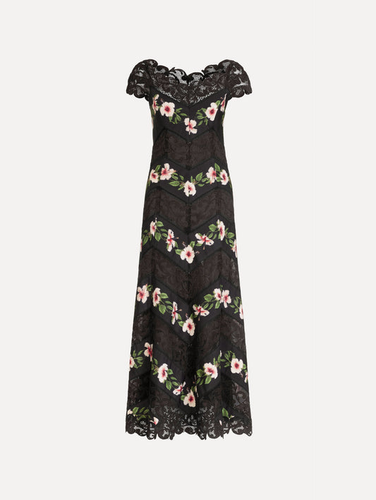 Chiné Hibiscus Striped Faille Midi Dress Black / Oscar de la Renta