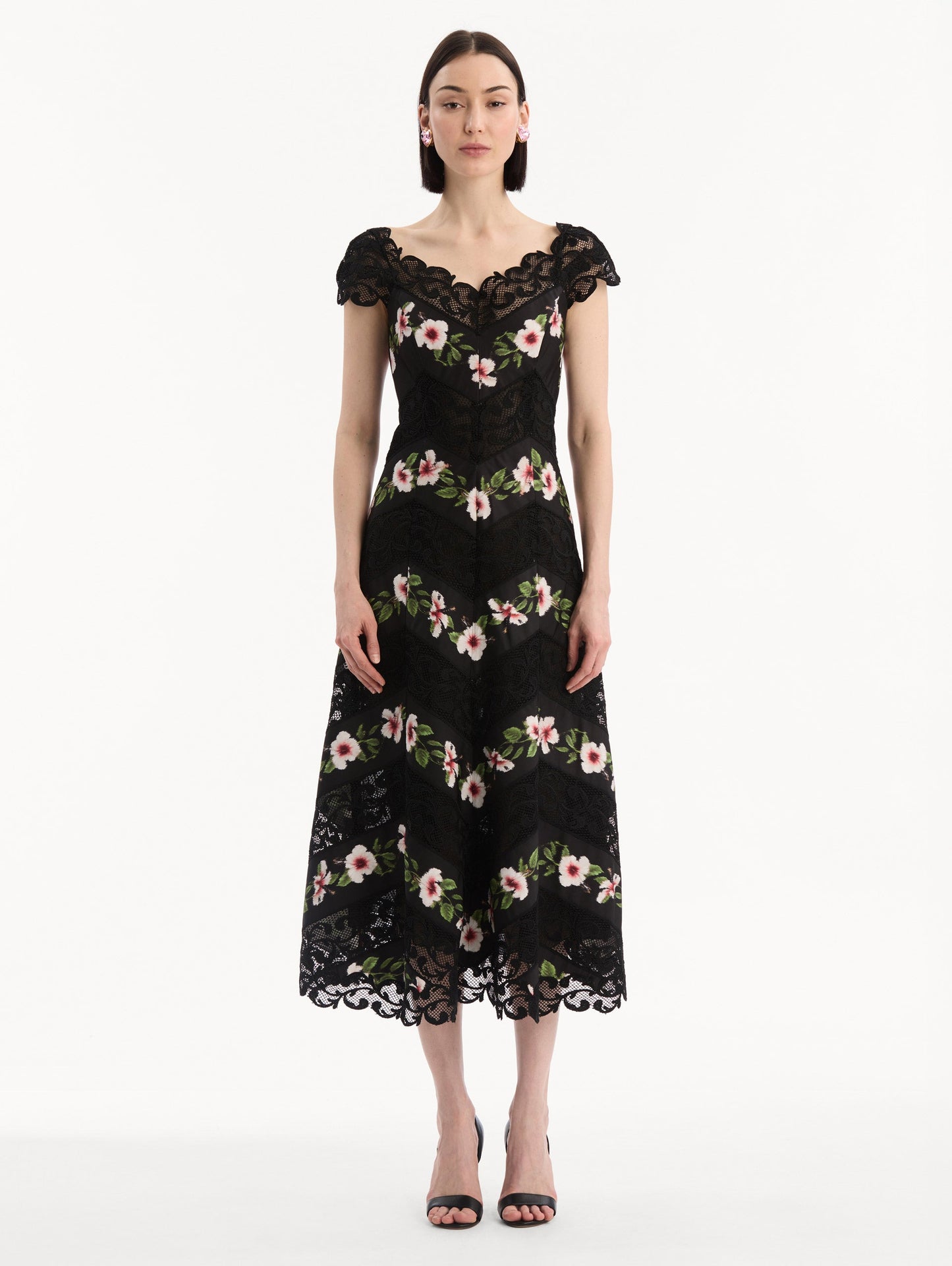 Chiné Hibiscus Striped Faille Midi Dress Black / Oscar de la Renta