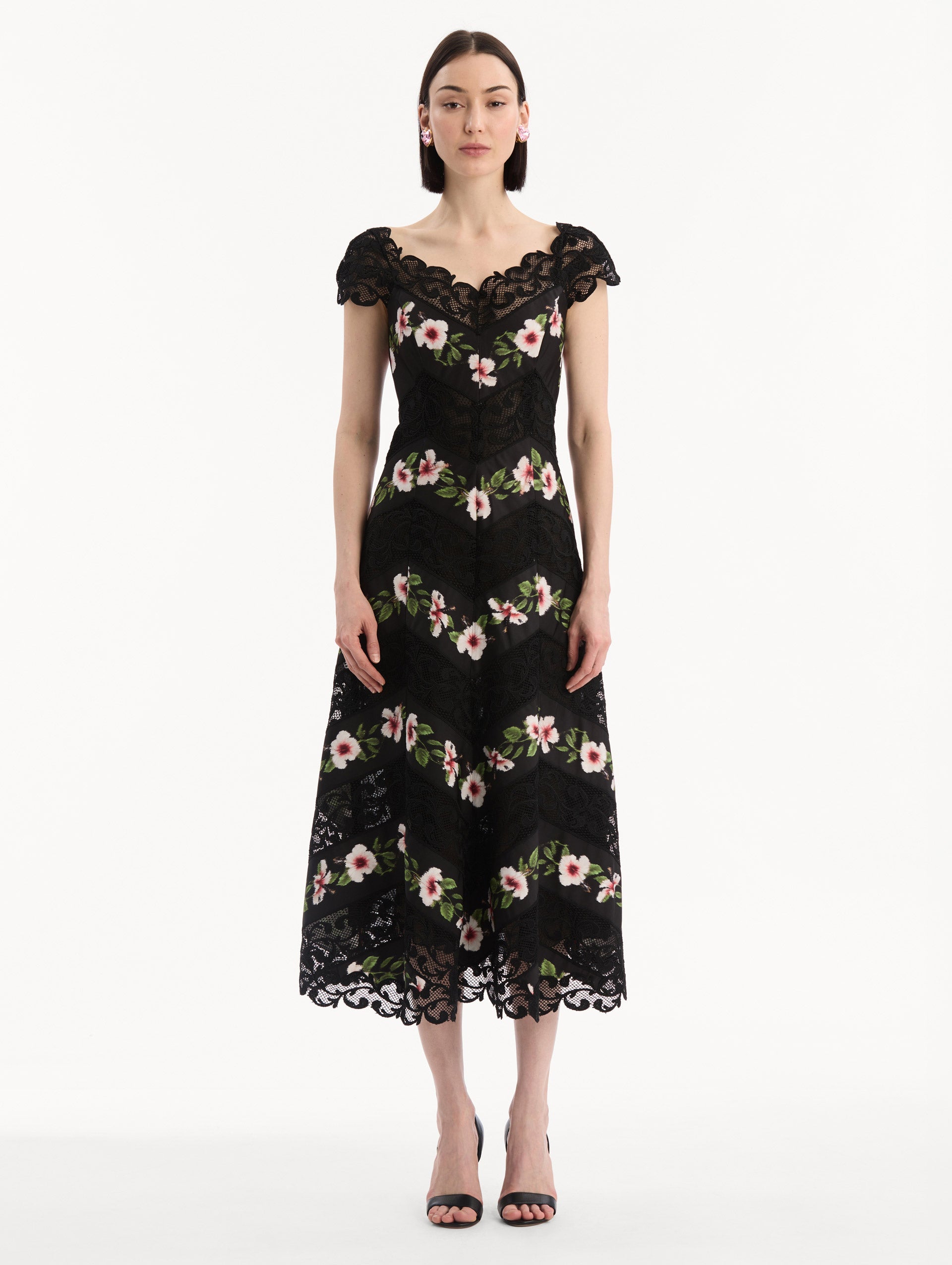 Chiné Hibiscus Striped Faille Midi Dress Black / Oscar de la Renta