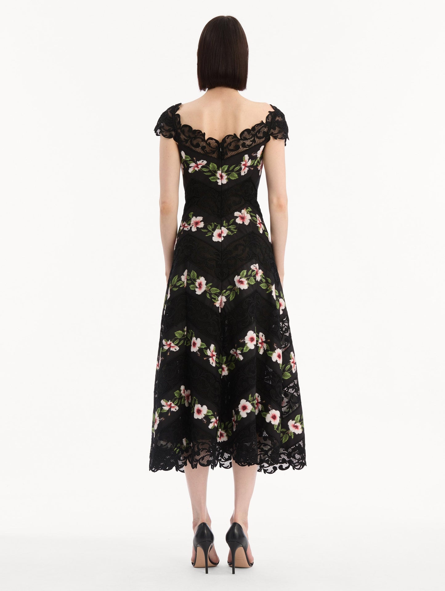 Chiné Hibiscus Striped Faille Midi Dress Black / Oscar de la Renta