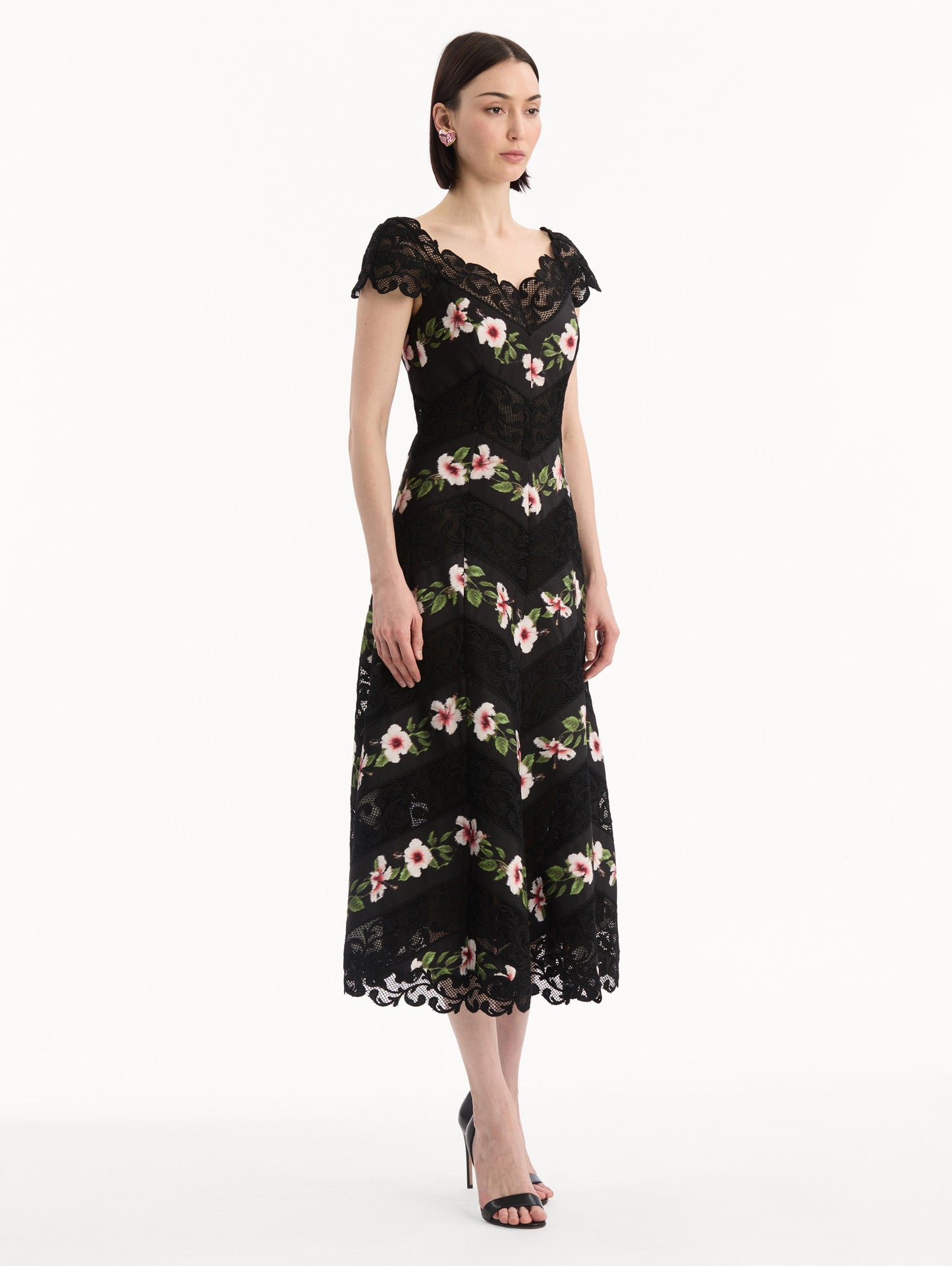 Chiné Hibiscus Striped Faille Midi Dress Black / Oscar de la Renta
